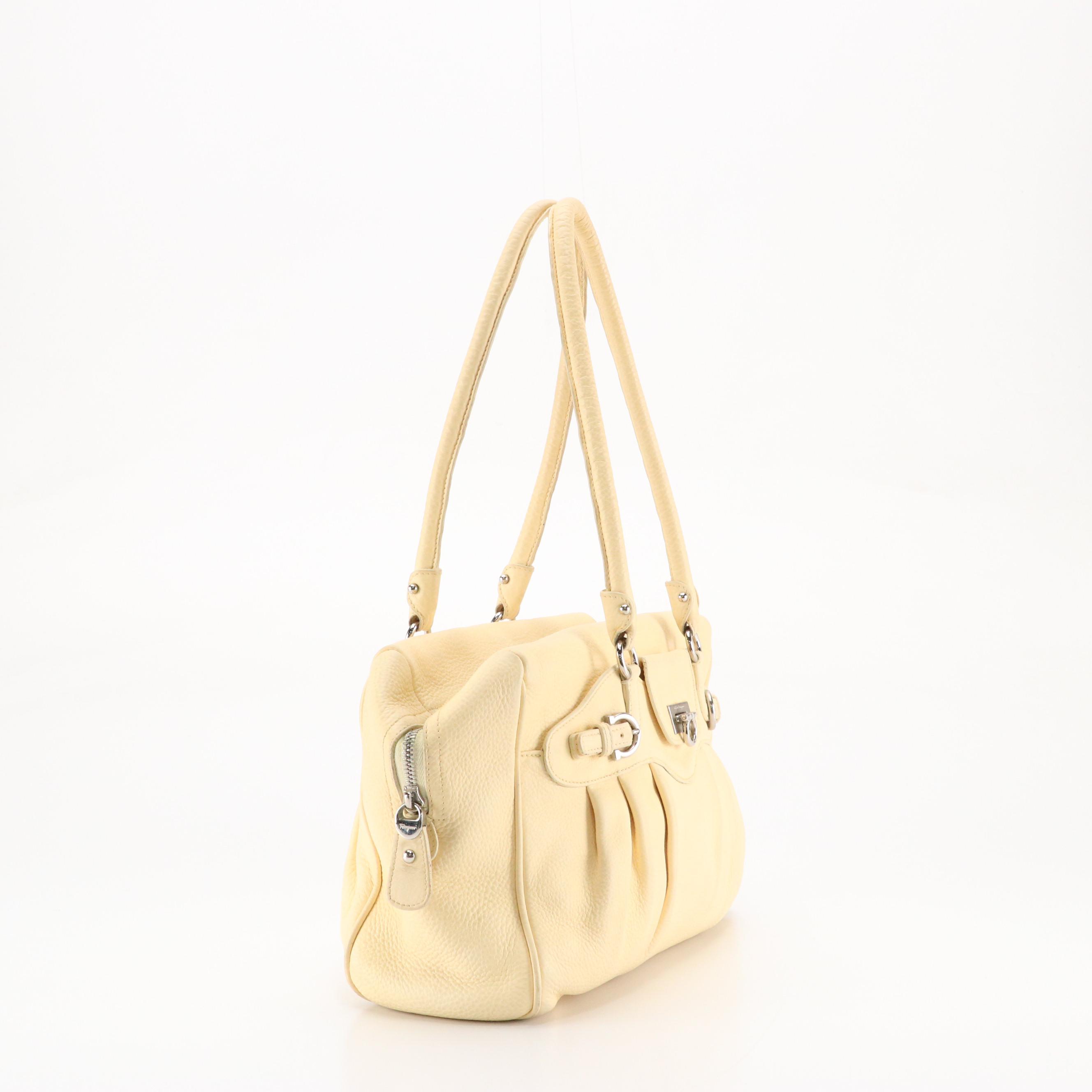 Salvatore Ferragamo Gancini Accented Pleated Shoulder Bag in Neutral Leather