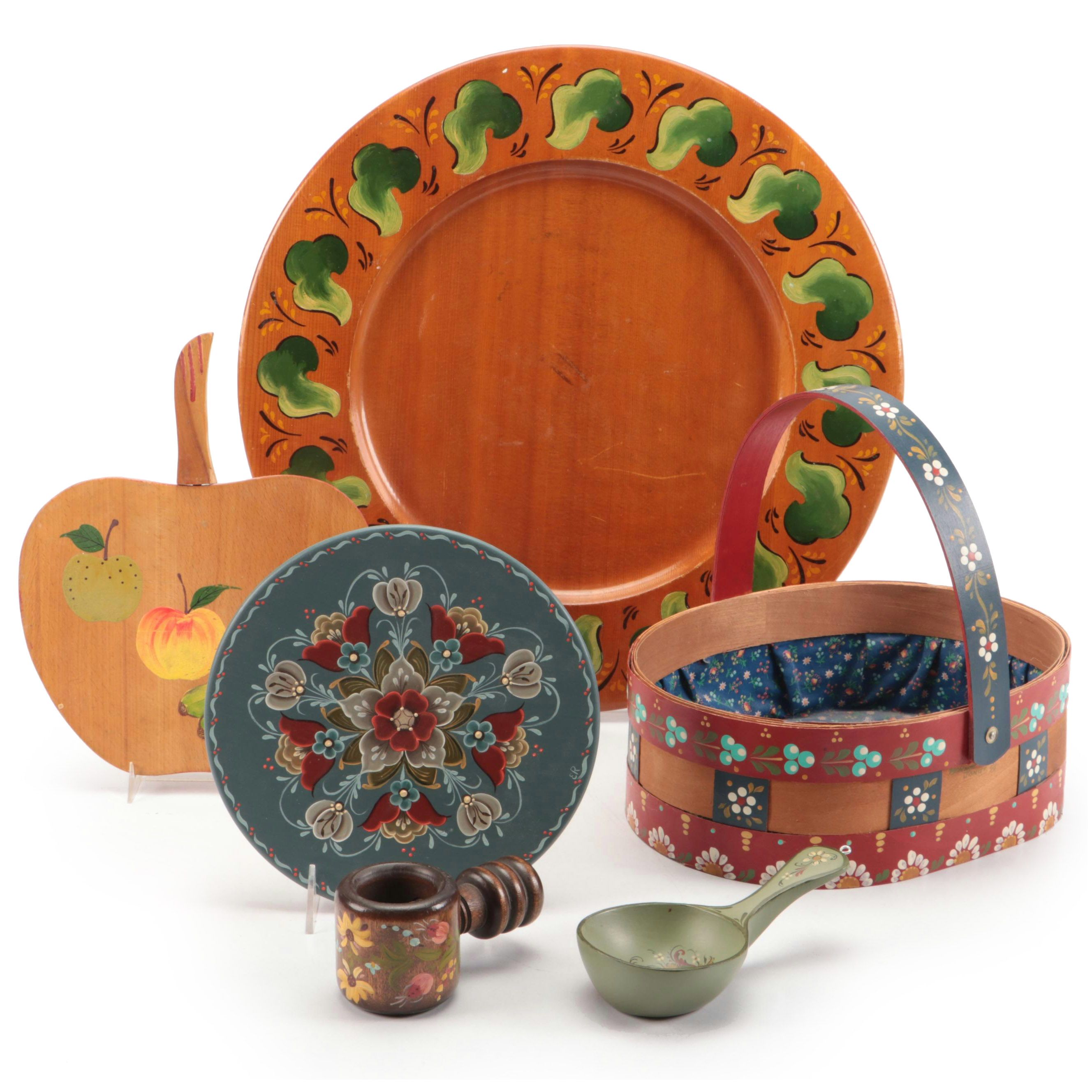 Posey Folk Art Painted Tray with Basket and Other Kitchen Accessories