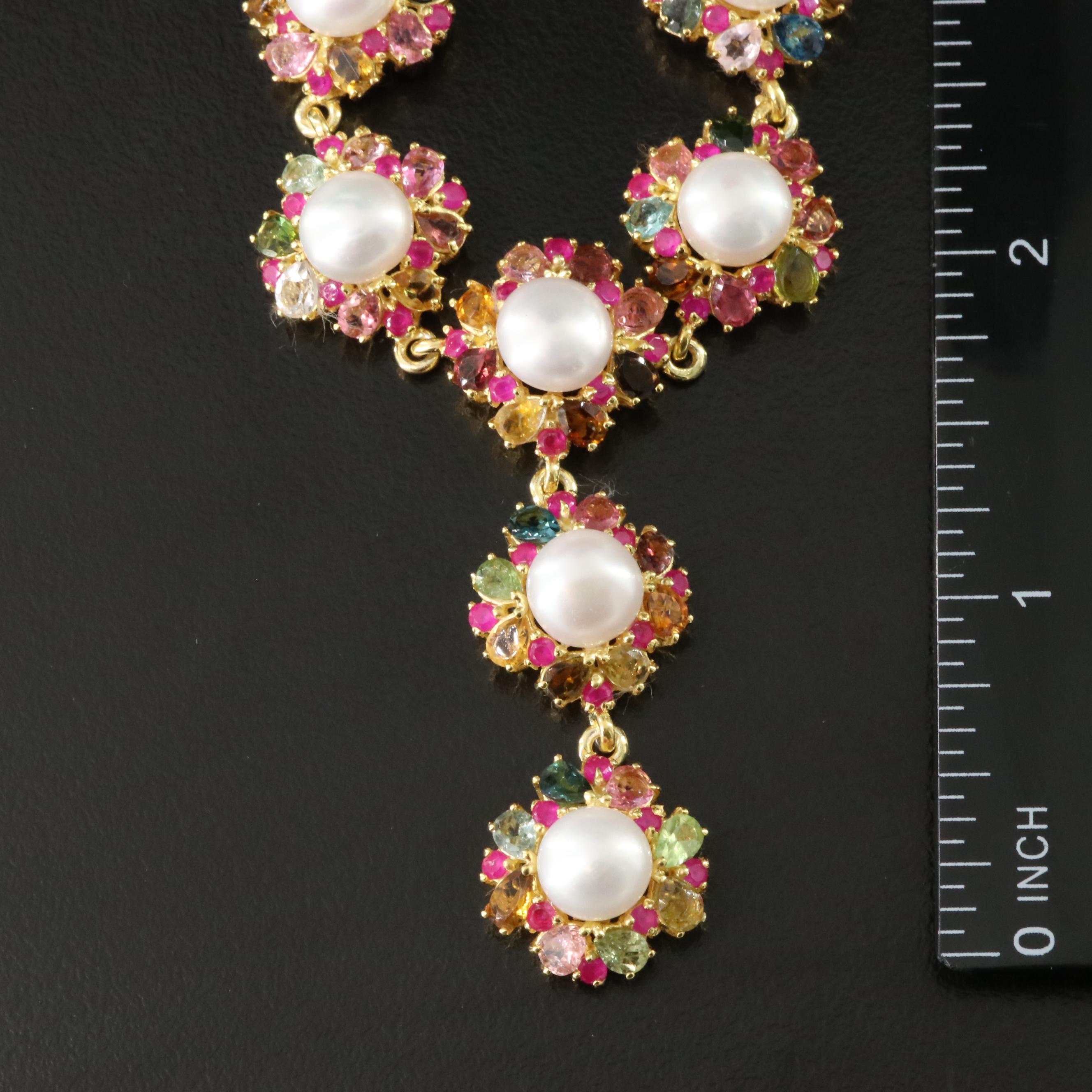 Sterling Pearl, Ruby and Tourmaline Necklace