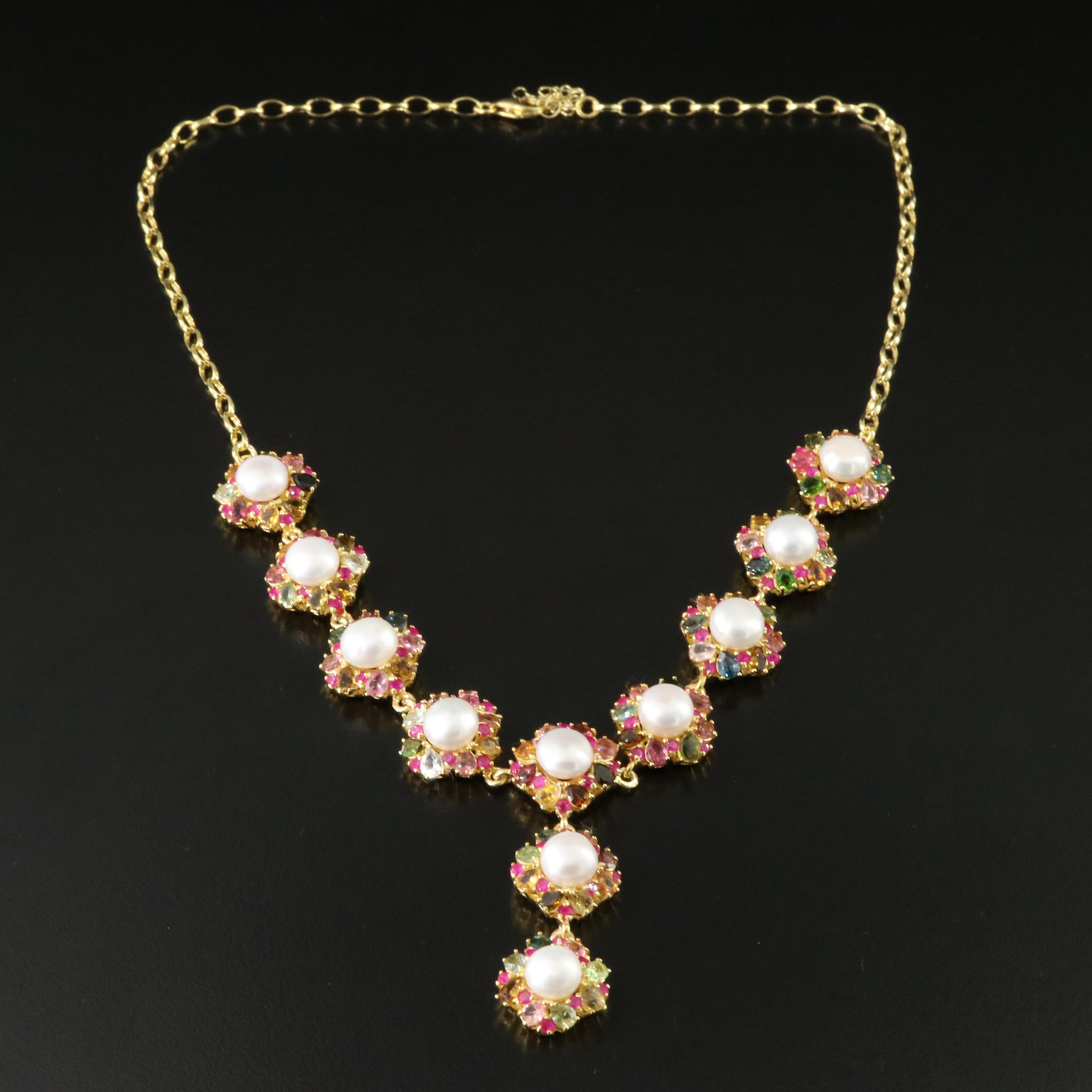 Sterling Pearl, Ruby and Tourmaline Necklace