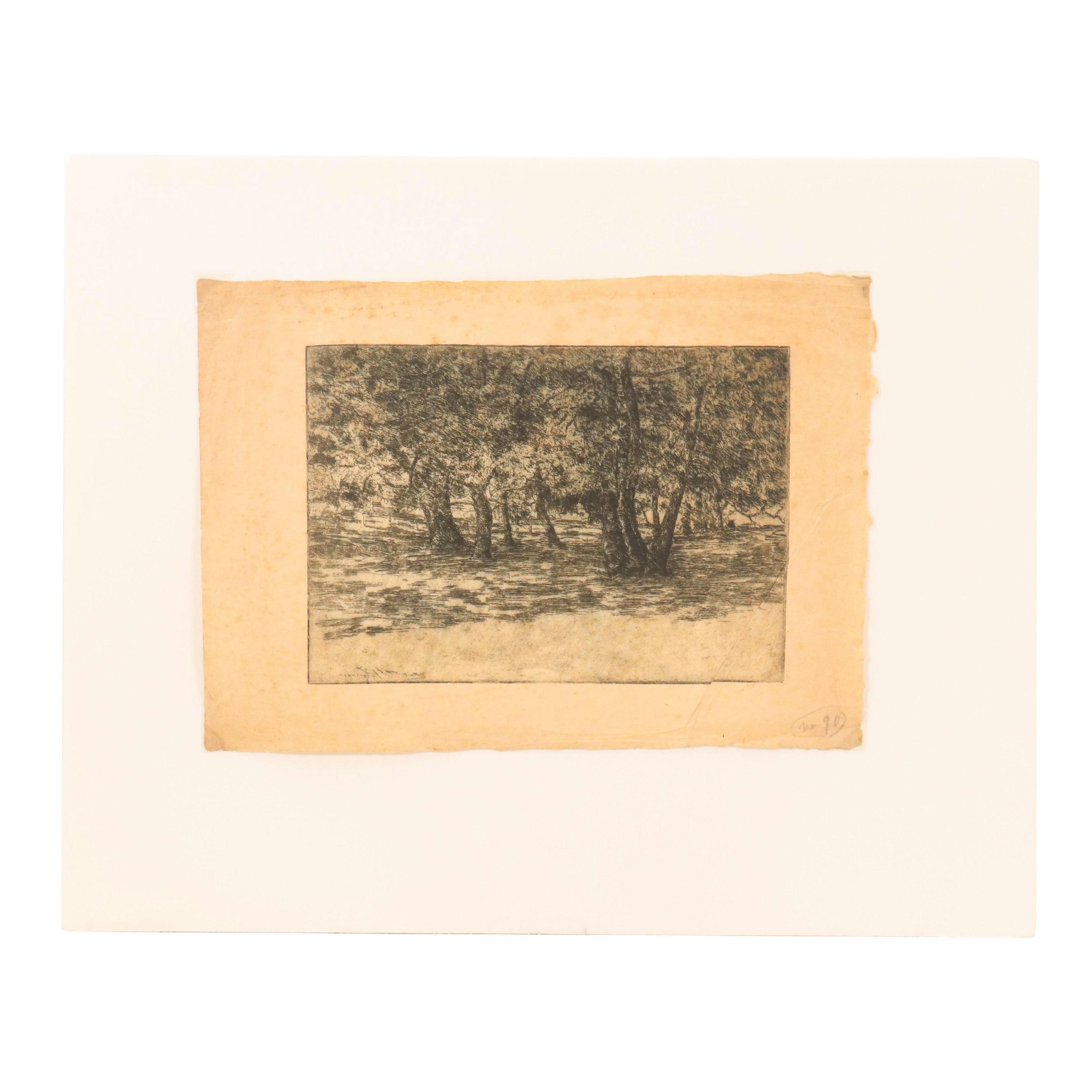 E. T. Hurley Wooded Landscape Etching, Circa 1907