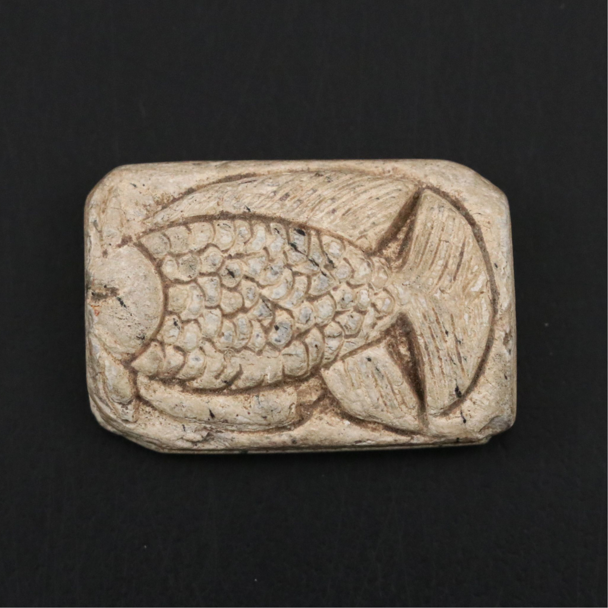 Ancient Egyptian Steatite Scaraboid Fish and Bes Plaque