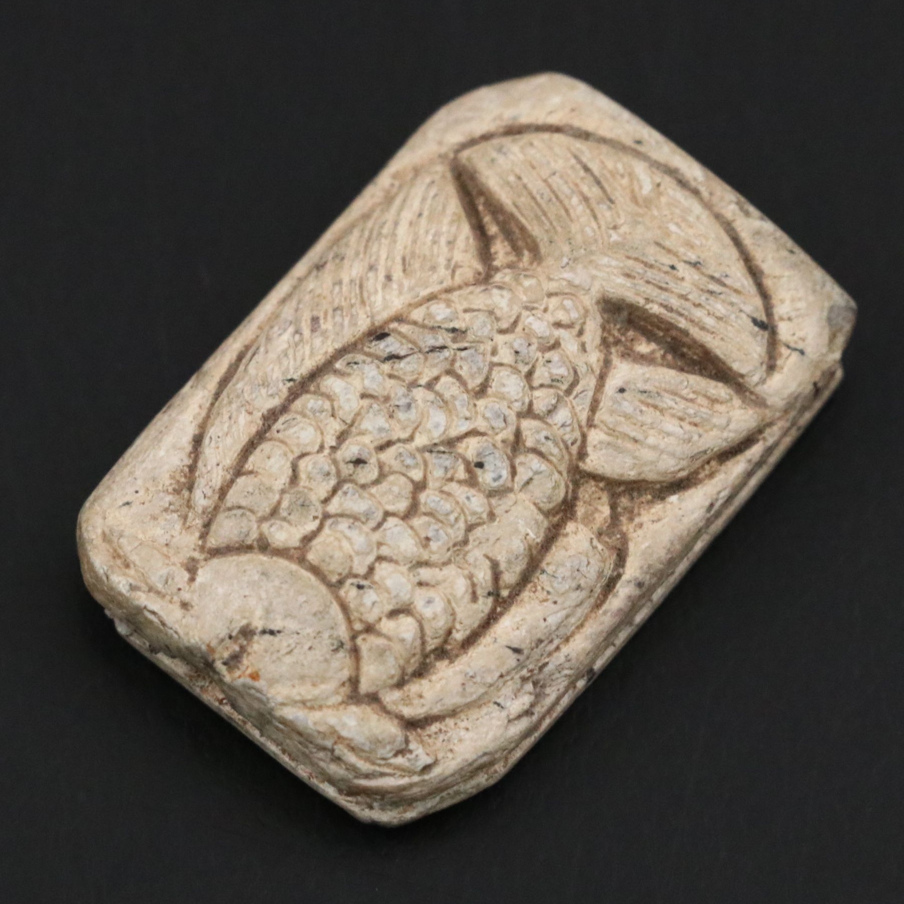 Ancient Egyptian Steatite Scaraboid Fish and Bes Plaque