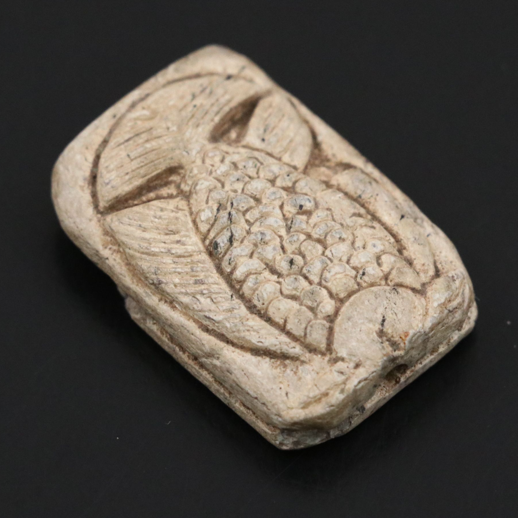 Ancient Egyptian Steatite Scaraboid Fish and Bes Plaque