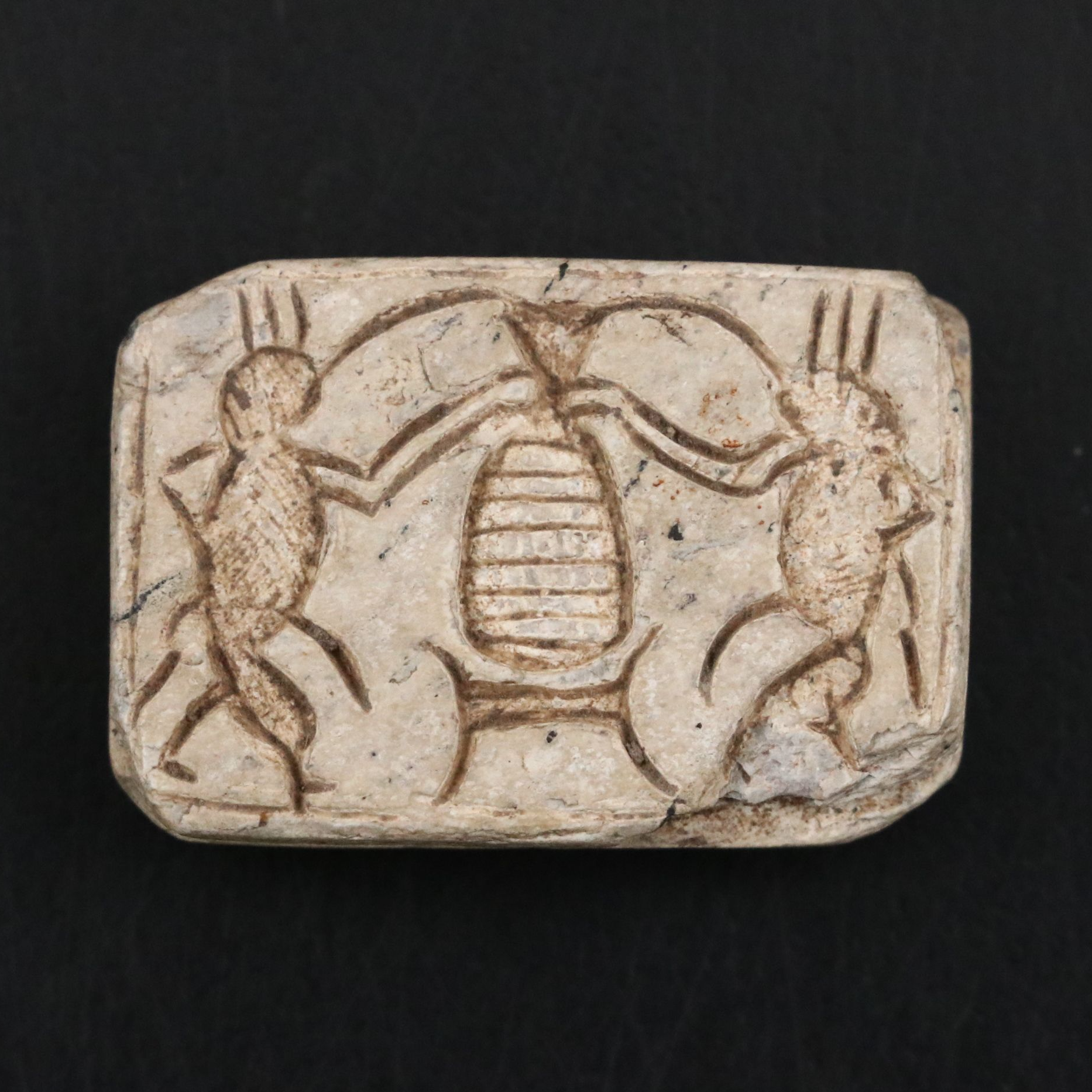 Ancient Egyptian Steatite Scaraboid Fish and Bes Plaque