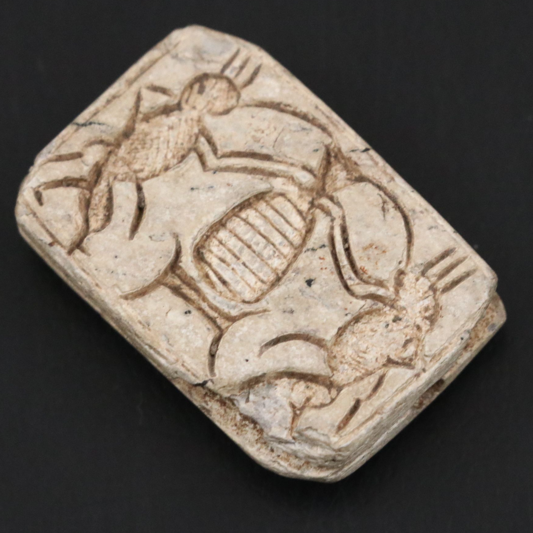 Ancient Egyptian Steatite Scaraboid Fish and Bes Plaque