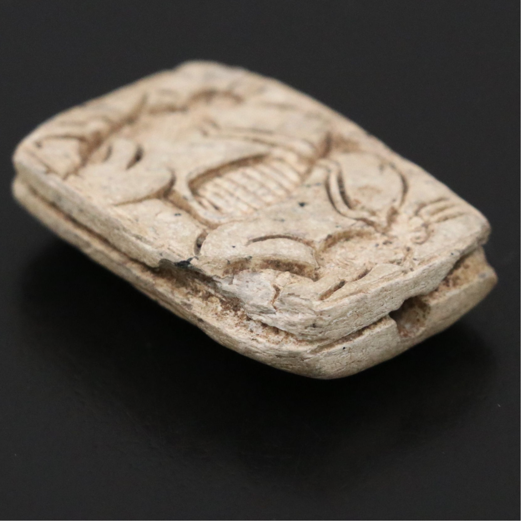 Ancient Egyptian Steatite Scaraboid Fish and Bes Plaque