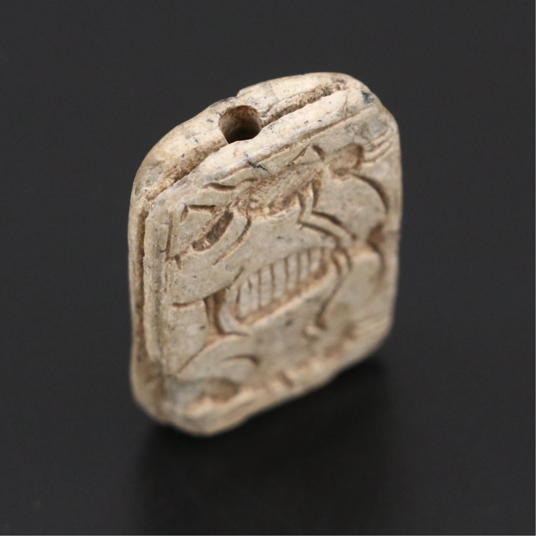 Ancient Egyptian Steatite Scaraboid Fish and Bes Plaque