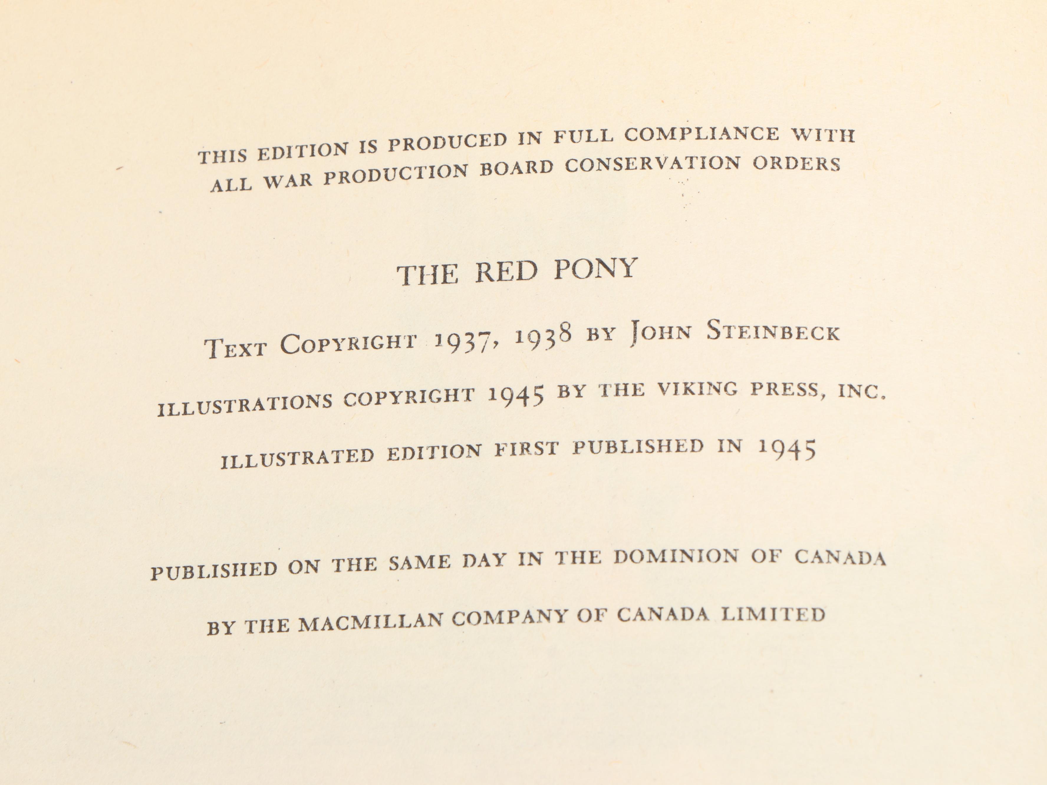 First Illustrated Edition "The Red Pony" by John Steinbeck, 1945