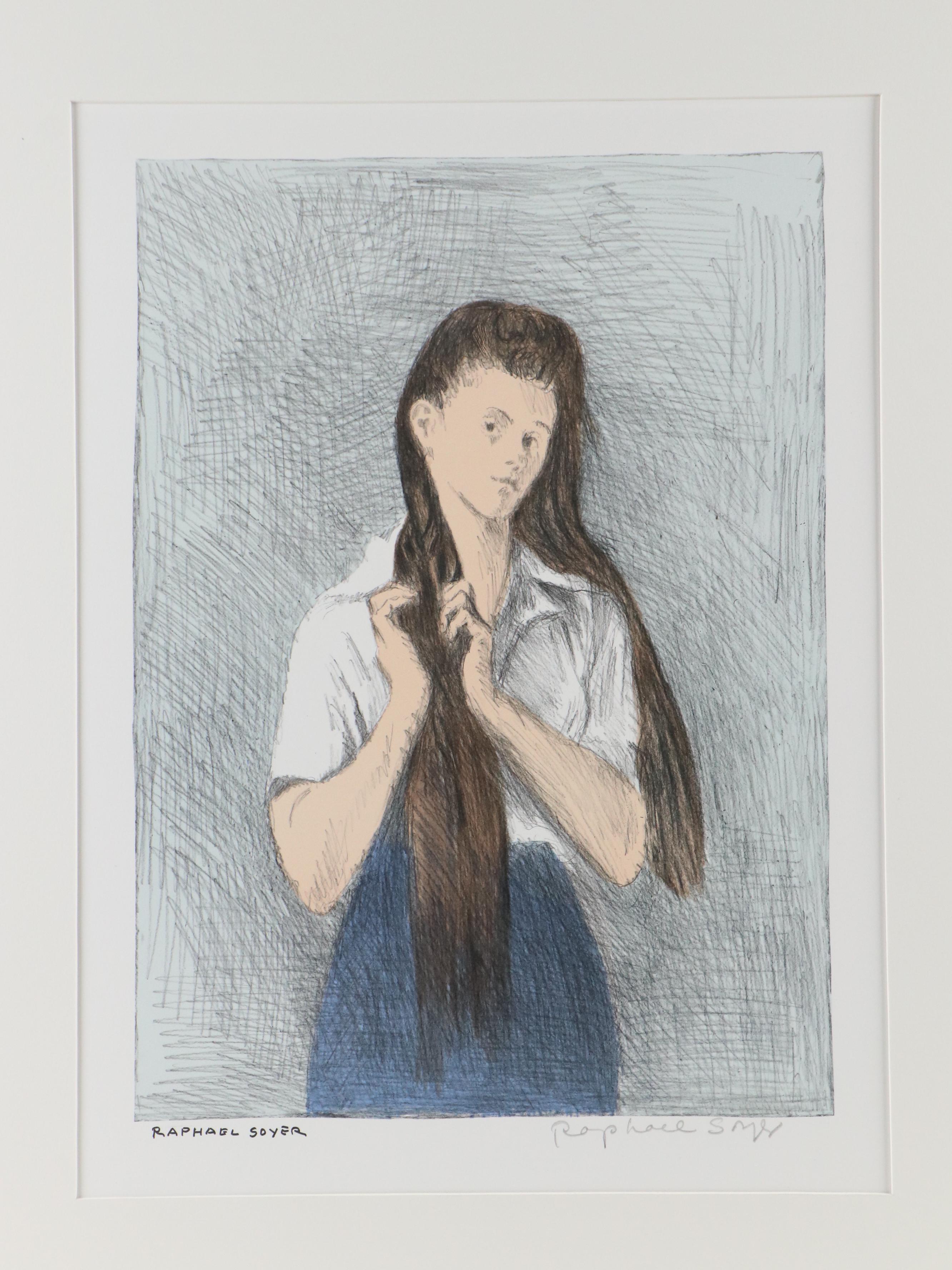 Raphael Soyer Lithograph of Young Woman Braiding Hair, Circa 1979