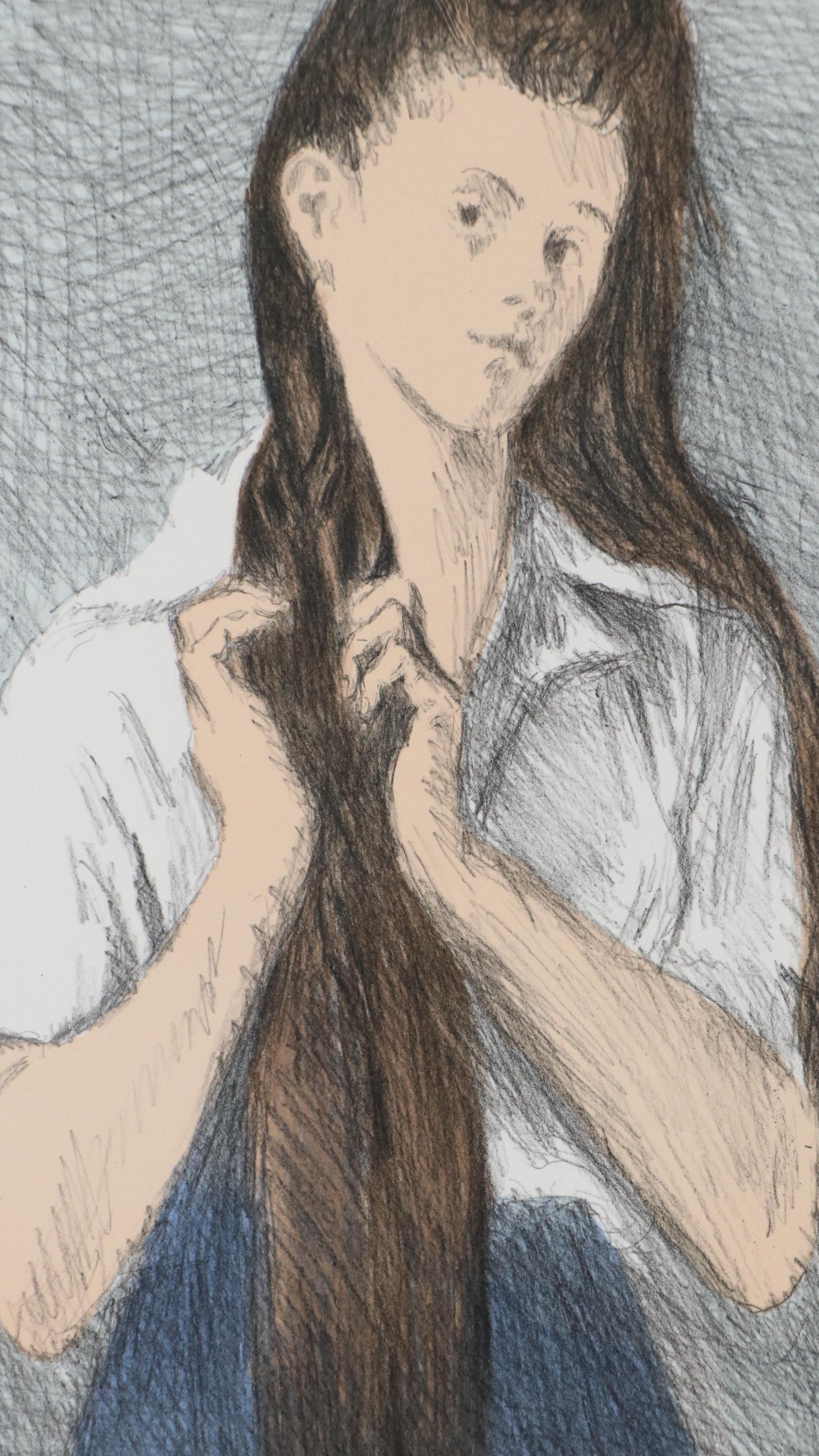 Raphael Soyer Lithograph of Young Woman Braiding Hair, Circa 1979
