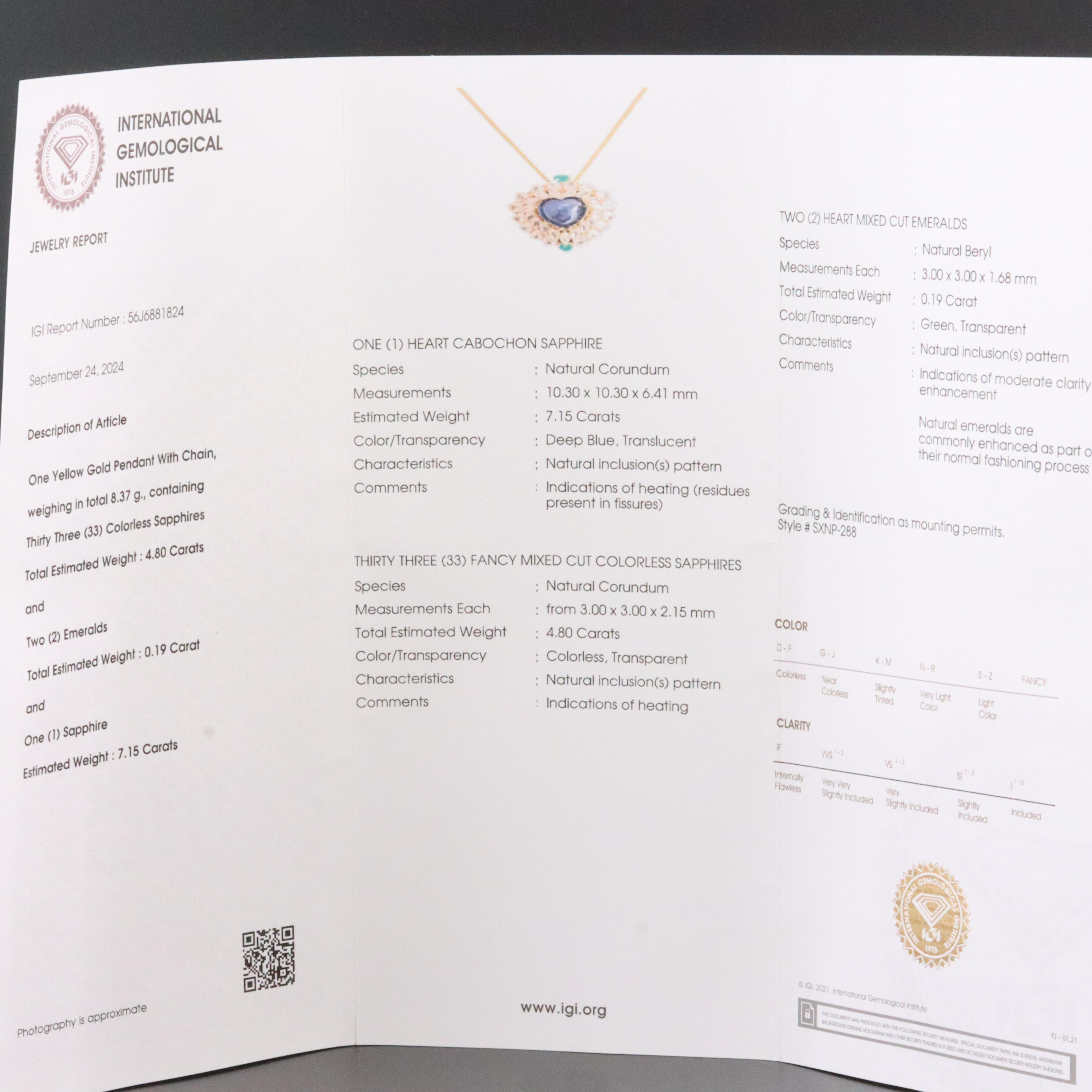 14K 7.15 CT Sapphire, Emerald and White Sapphire Heart Necklace with IGI Report