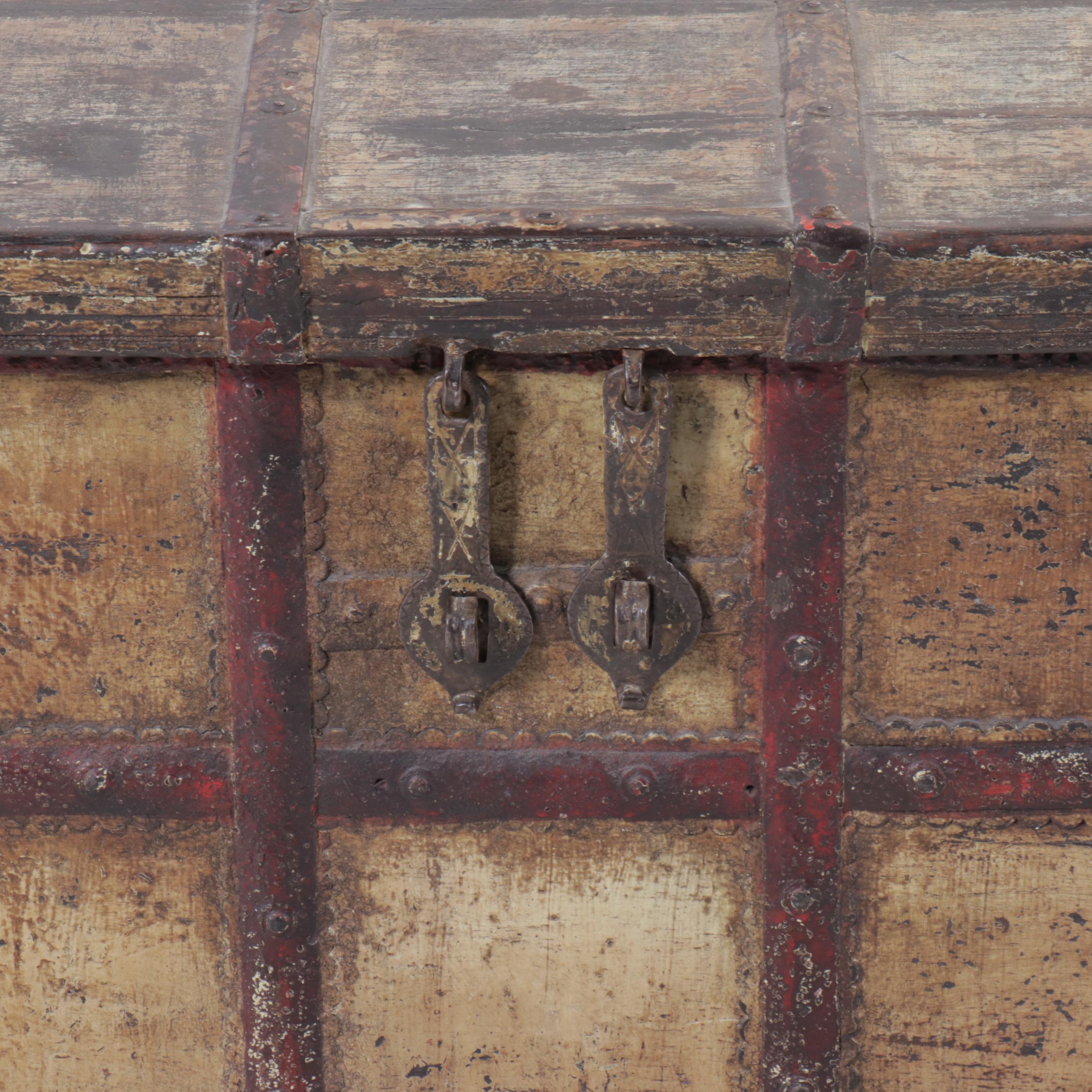 Indian Iron Bound Painted Wood Dowery Chest, 19th Century