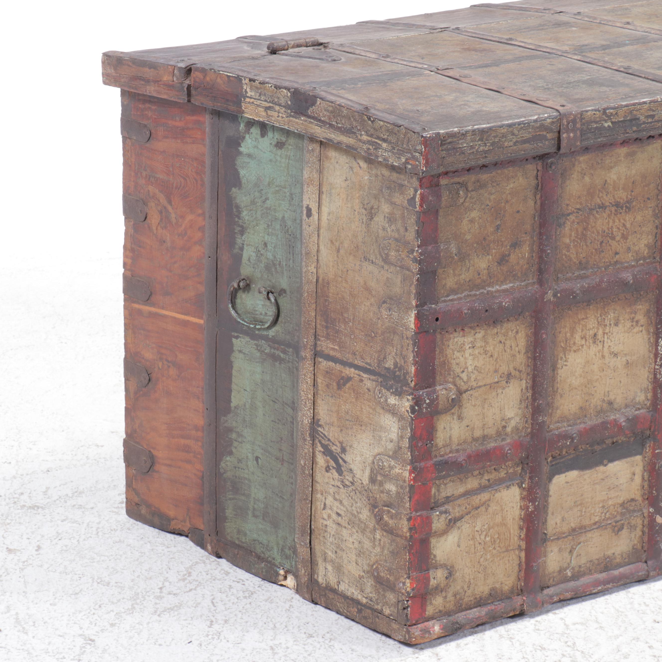 Indian Iron Bound Painted Wood Dowery Chest, 19th Century