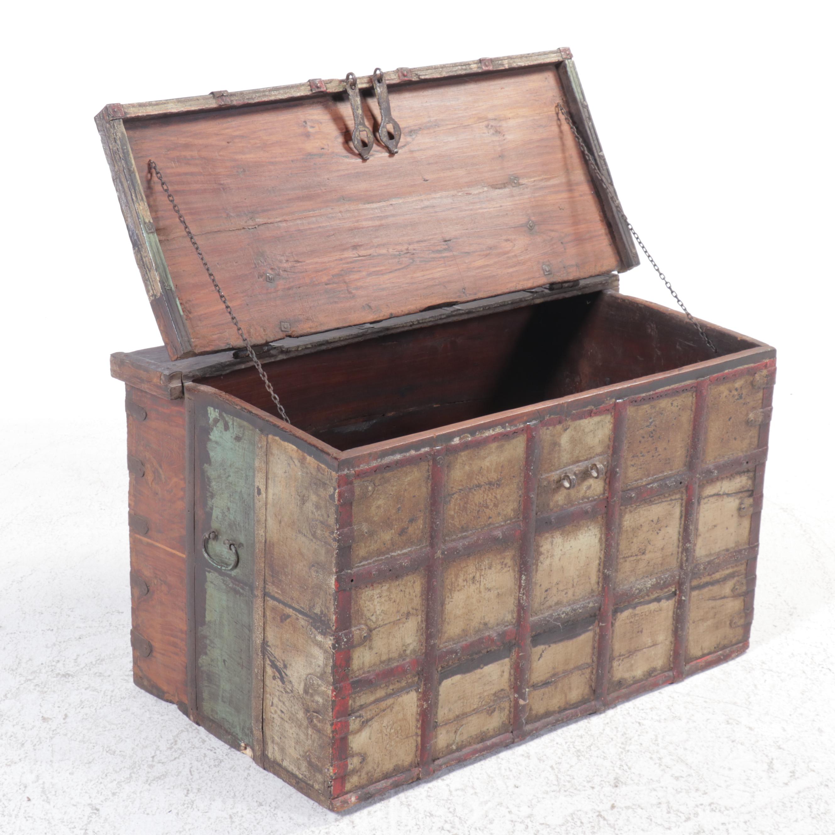 Indian Iron Bound Painted Wood Dowery Chest, 19th Century