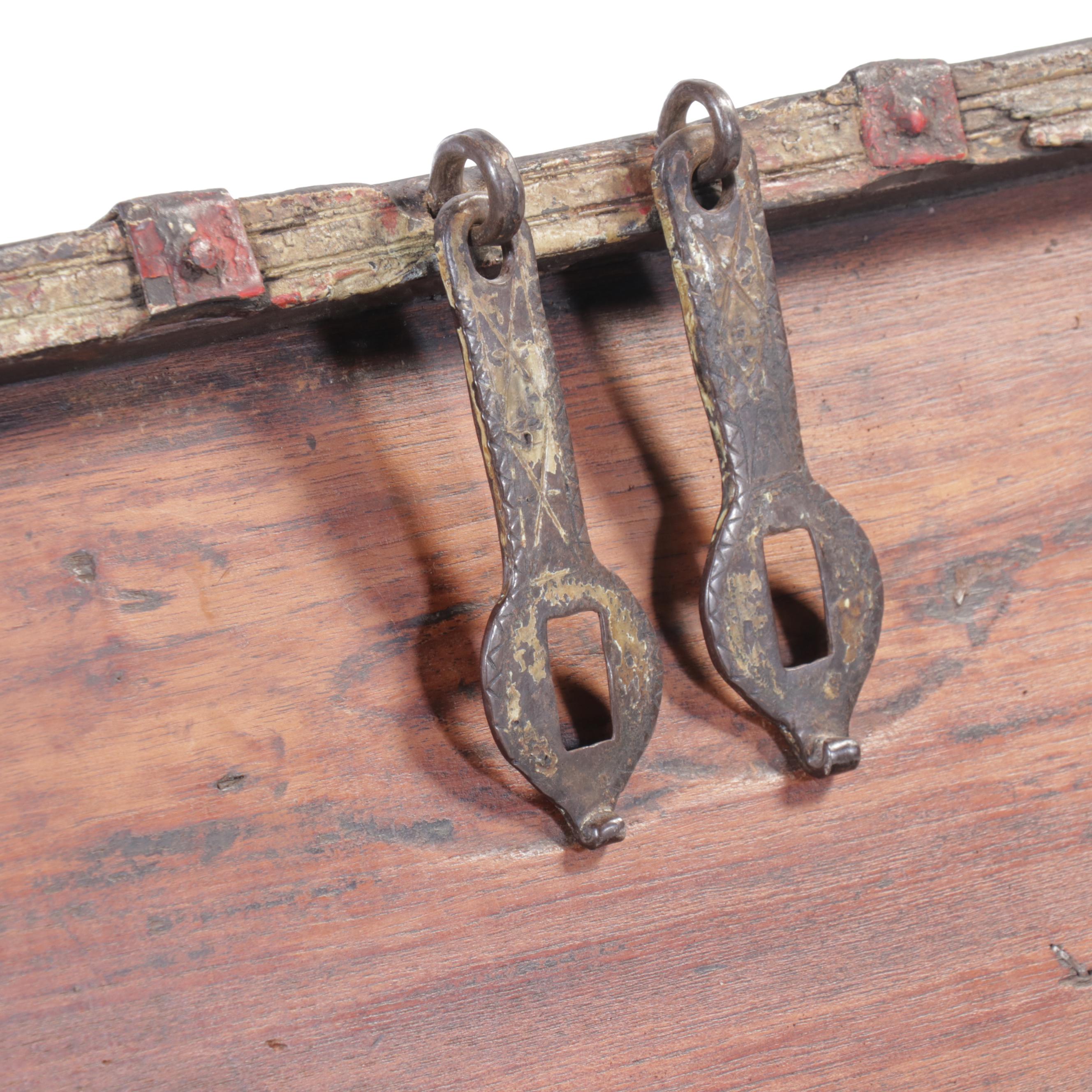 Indian Iron Bound Painted Wood Dowery Chest, 19th Century