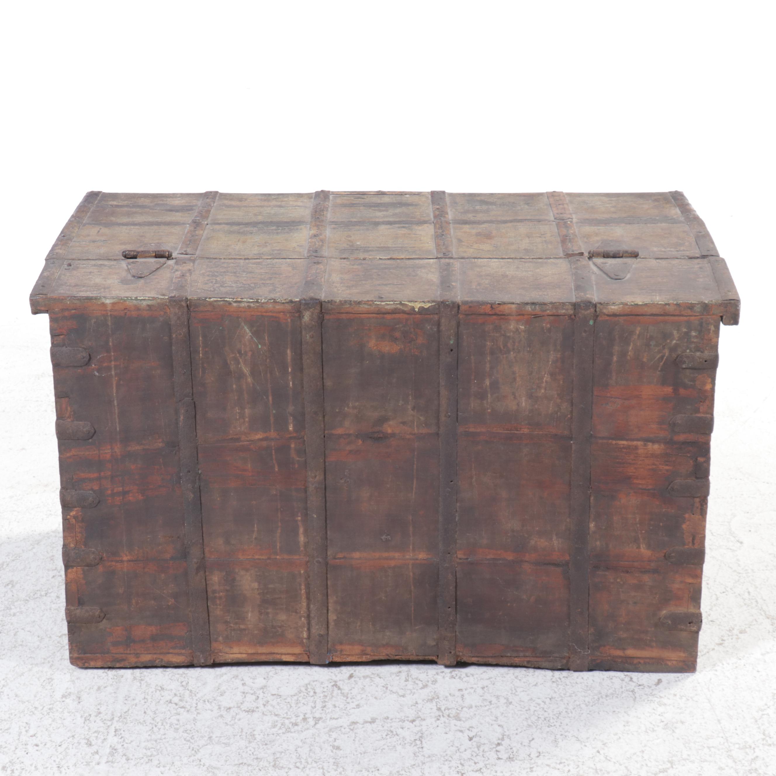Indian Iron Bound Painted Wood Dowery Chest, 19th Century