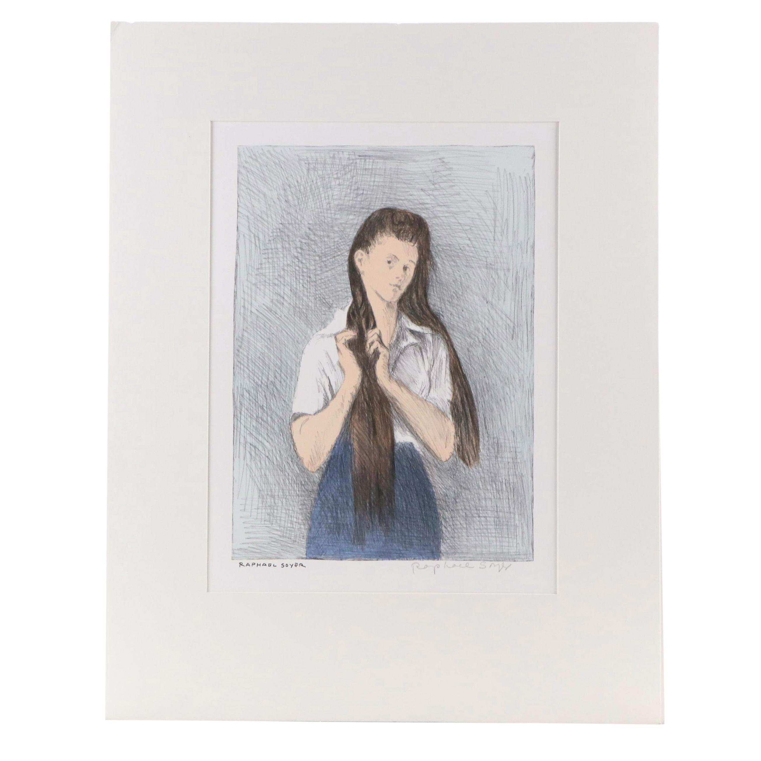 Raphael Soyer Lithograph of Young Woman Braiding Hair, Circa 1979