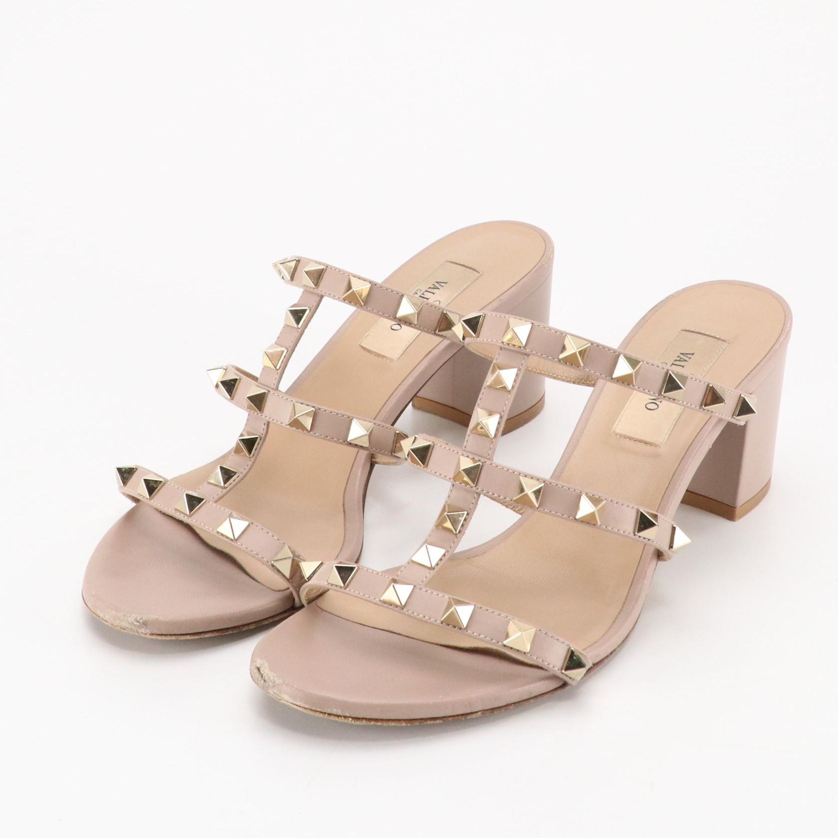 Valentino Garavani Rockstud Block-Heel Sandals in Beige Calfskin Leather