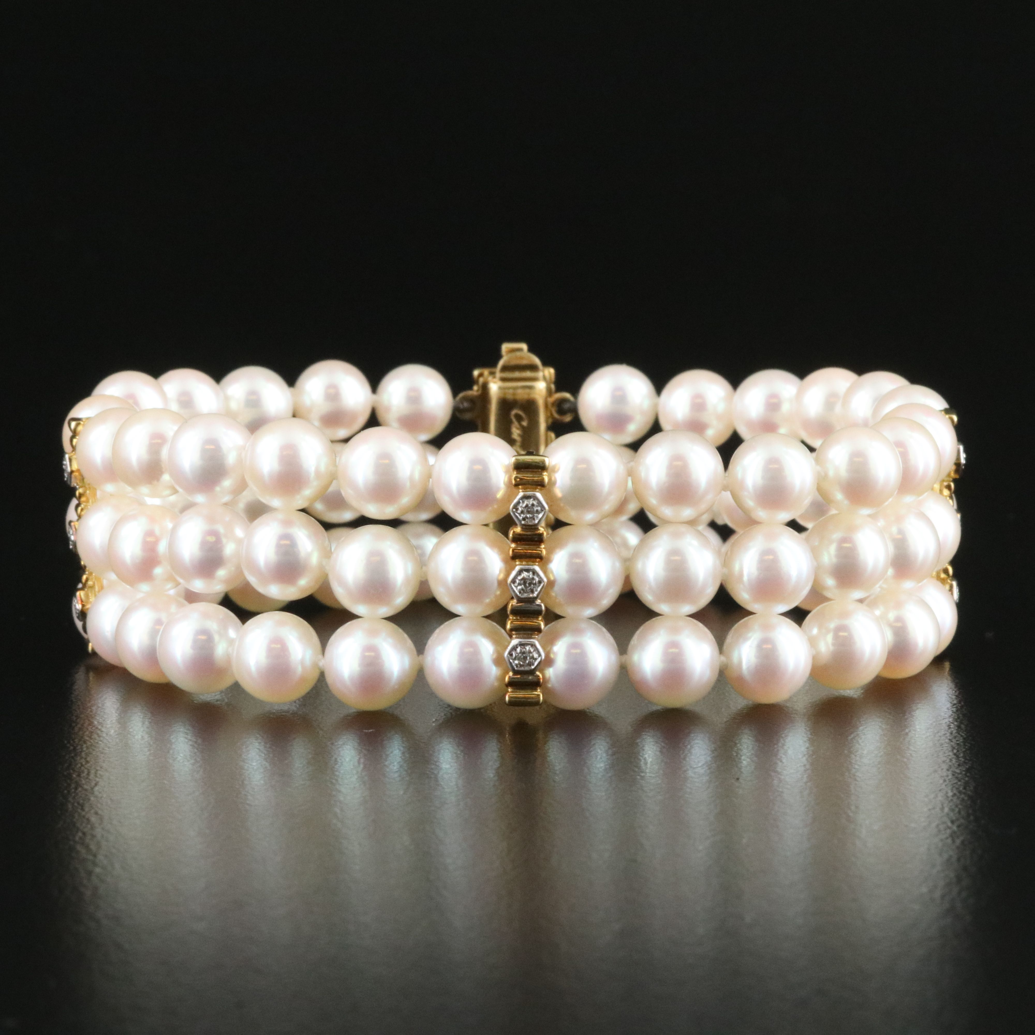 Cartier 18K Three Strand Pearl and CTW Diamond Bracelet, Vintage