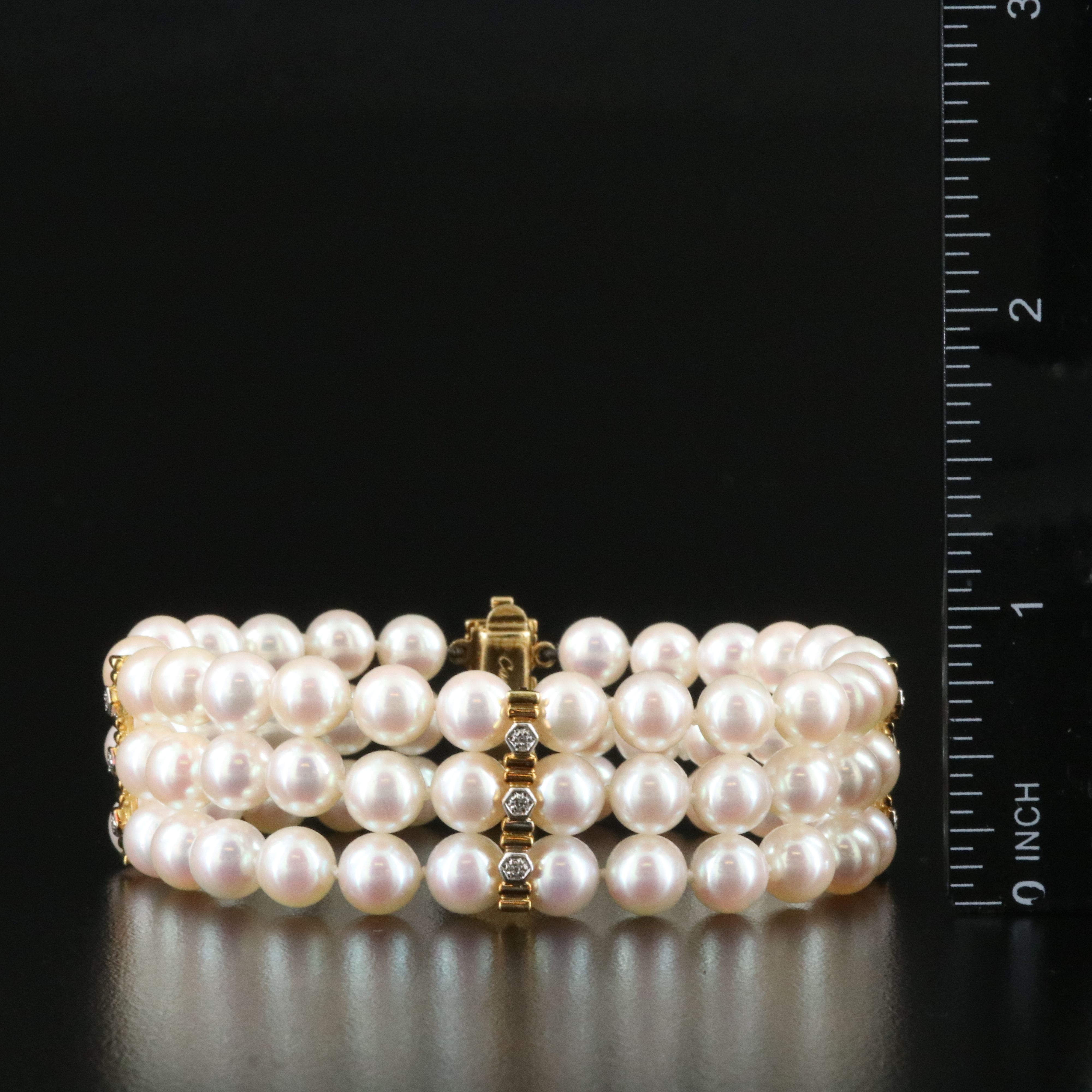 Cartier 18K Three Strand Pearl and CTW Diamond Bracelet, Vintage