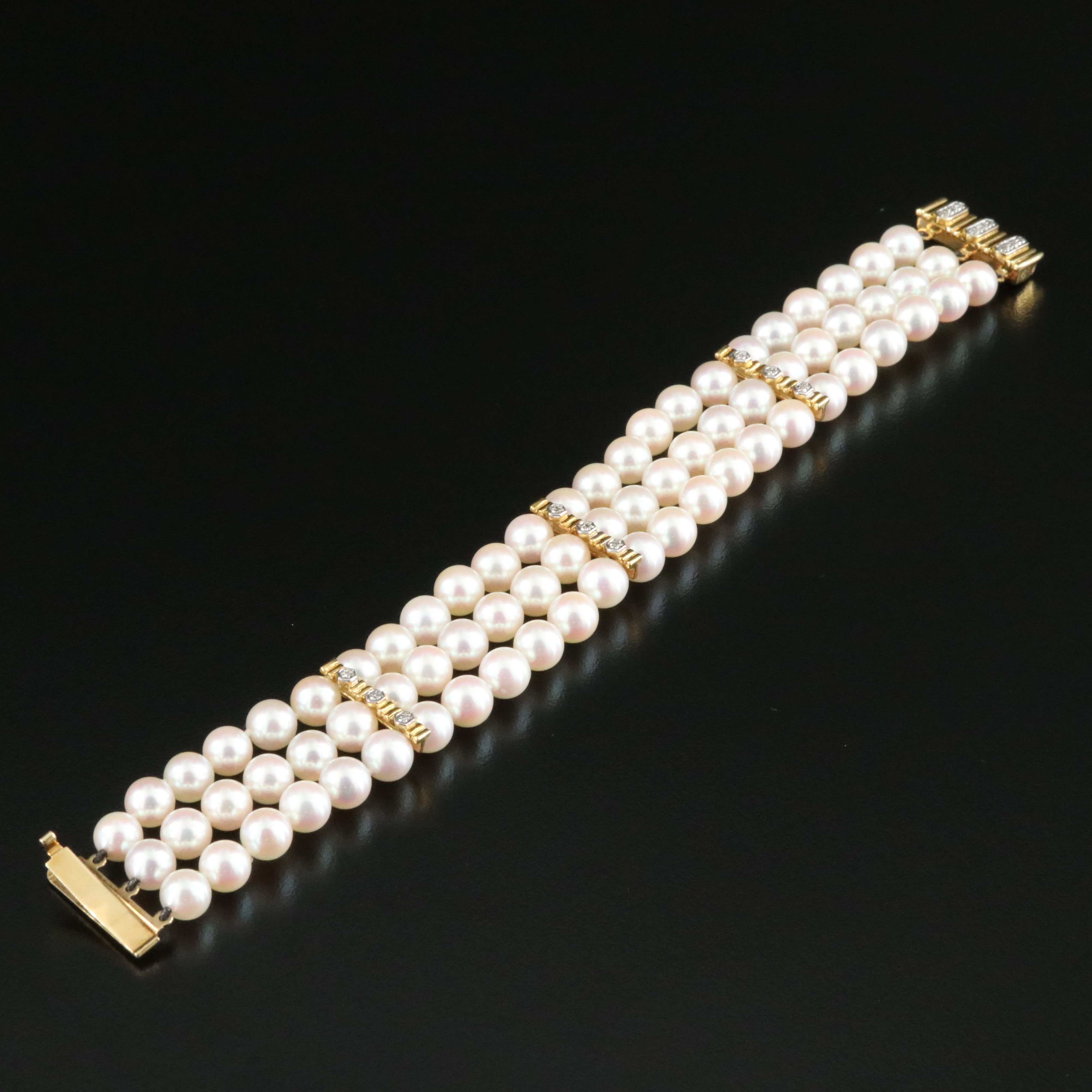 Cartier 18K Three Strand Pearl and CTW Diamond Bracelet, Vintage