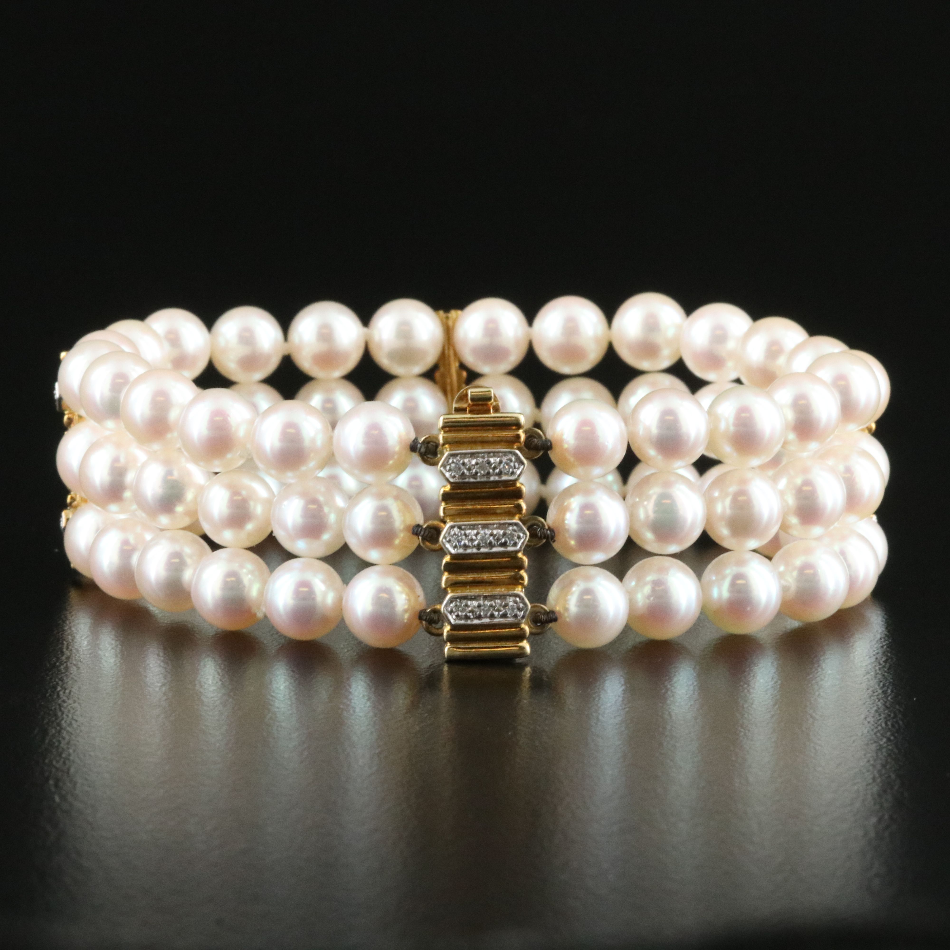 Cartier 18K Three Strand Pearl and CTW Diamond Bracelet, Vintage