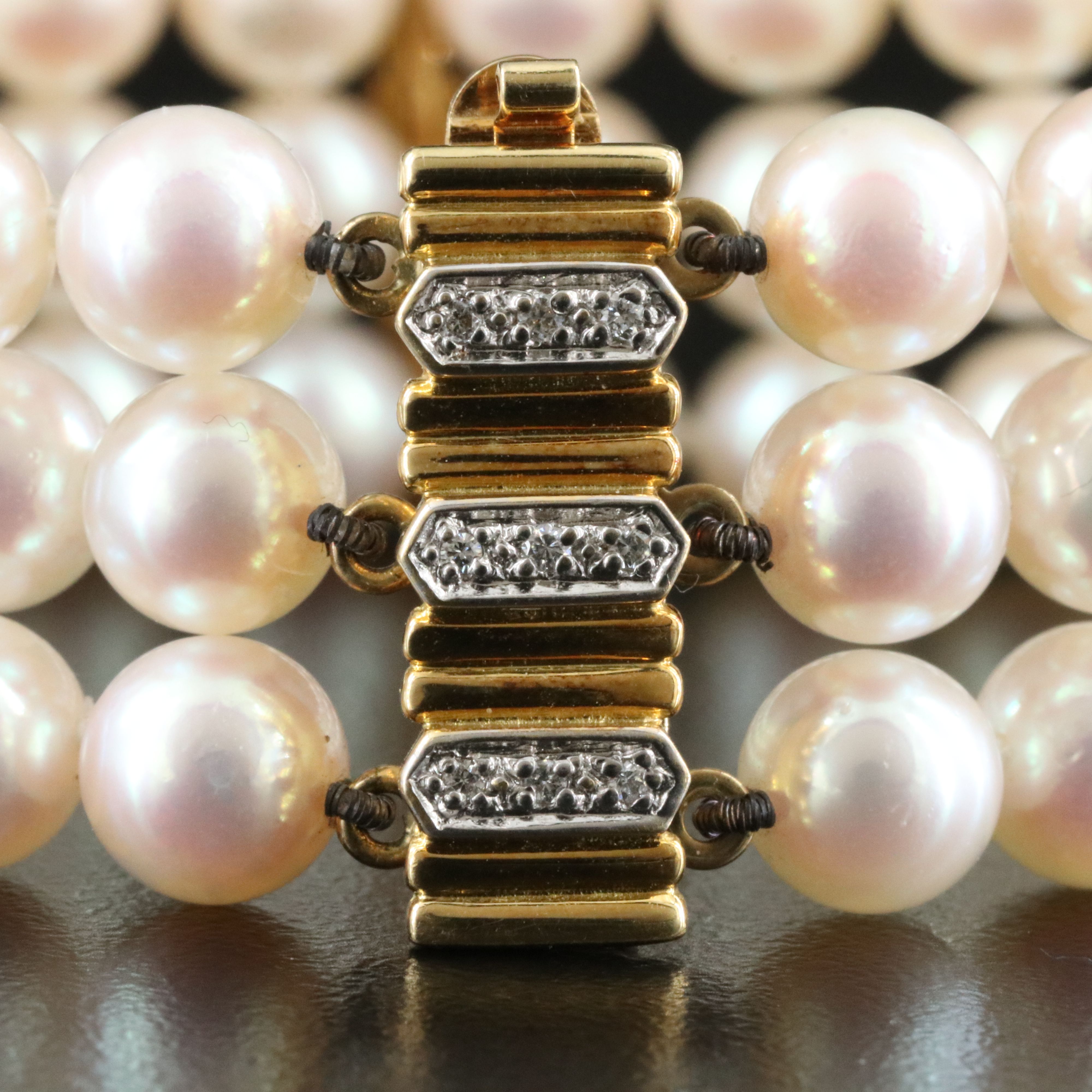 Cartier 18K Three Strand Pearl and CTW Diamond Bracelet, Vintage