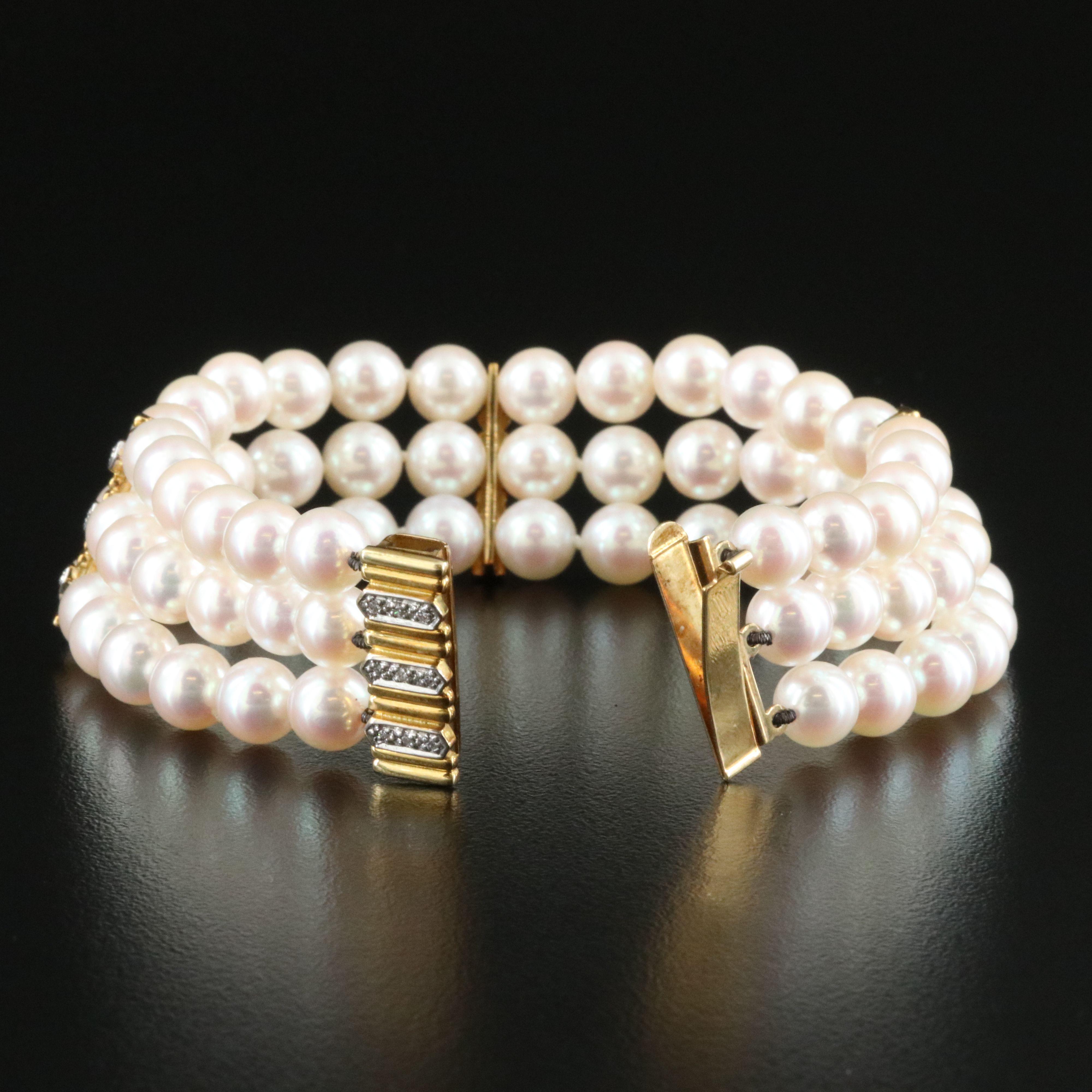 Cartier 18K Three Strand Pearl and CTW Diamond Bracelet, Vintage