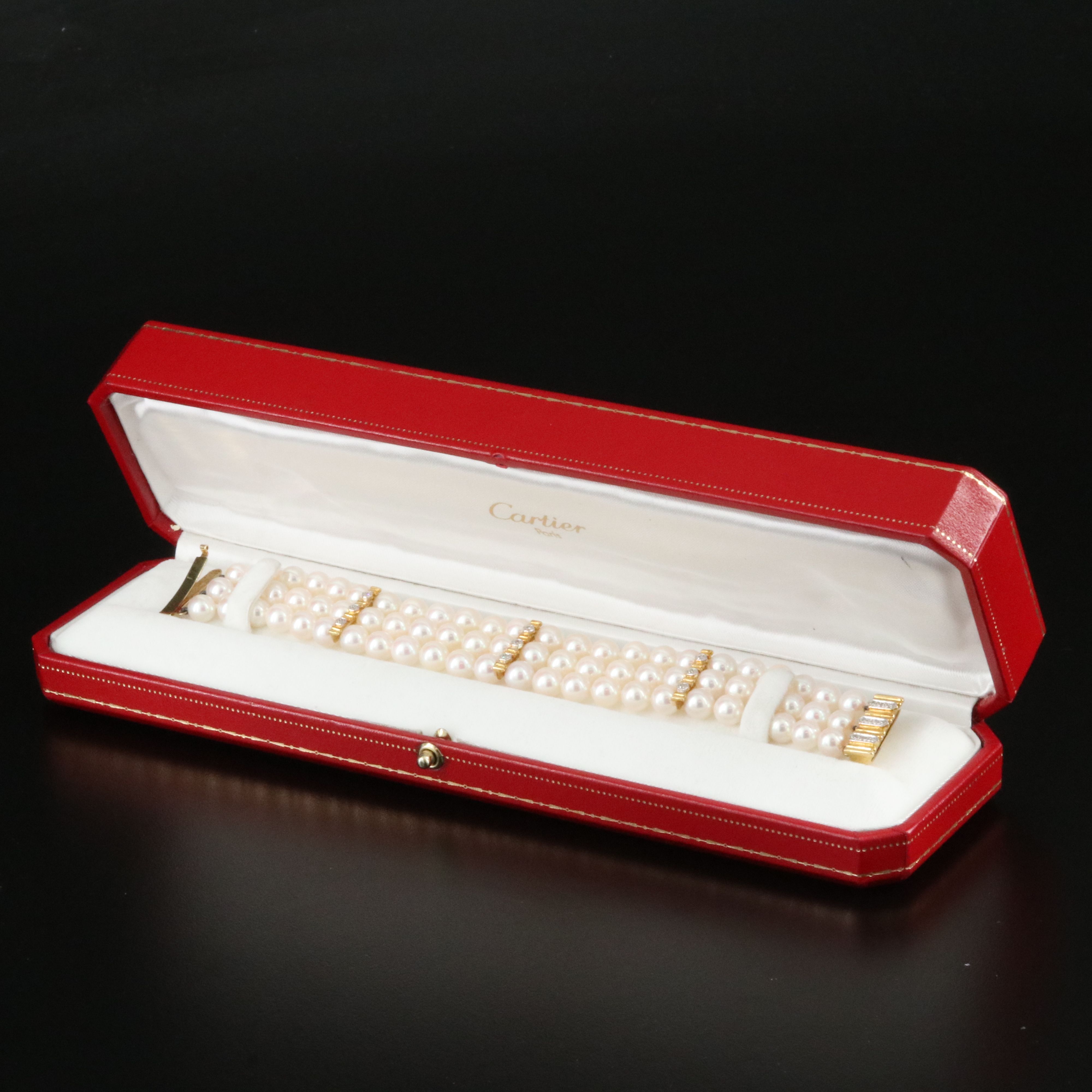 Cartier 18K Three Strand Pearl and CTW Diamond Bracelet, Vintage