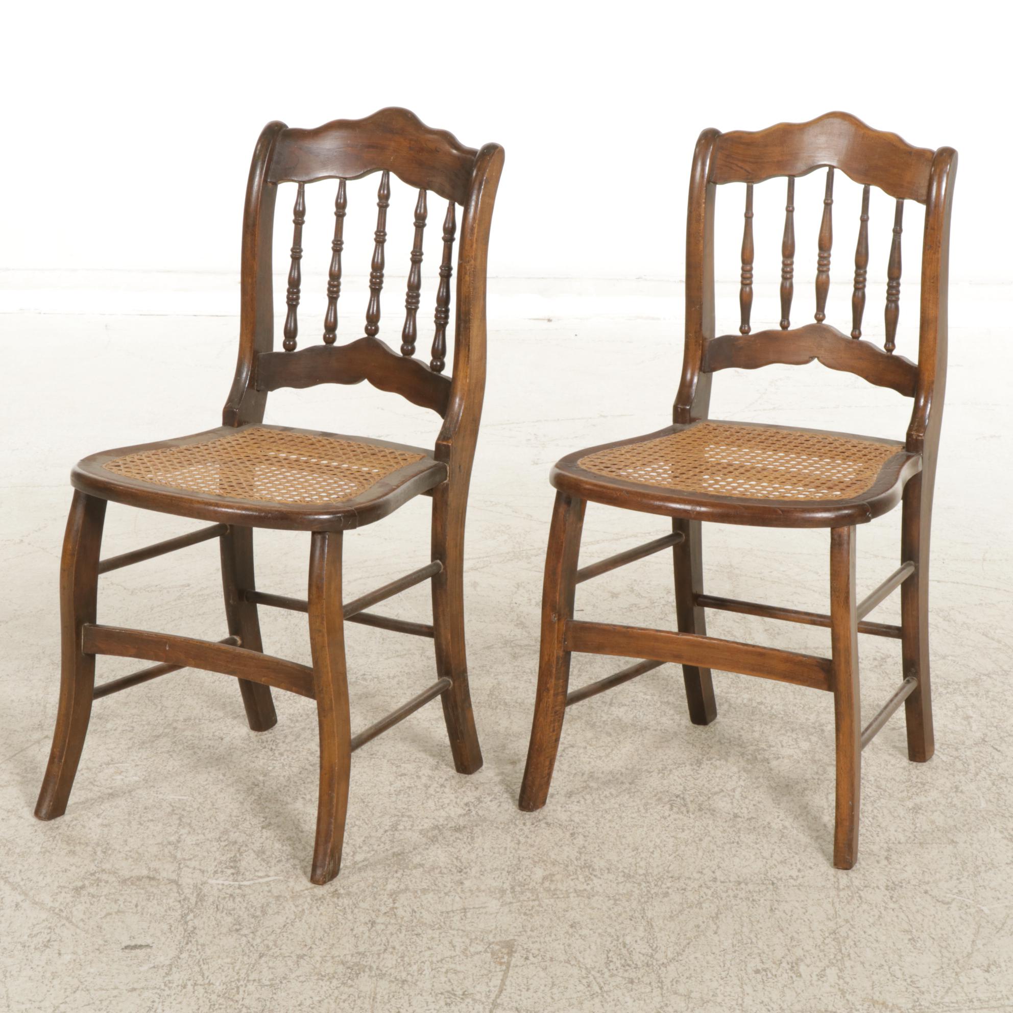 Victorian Walnut Spindle-Back Side Chairs with Woven Cane Seats