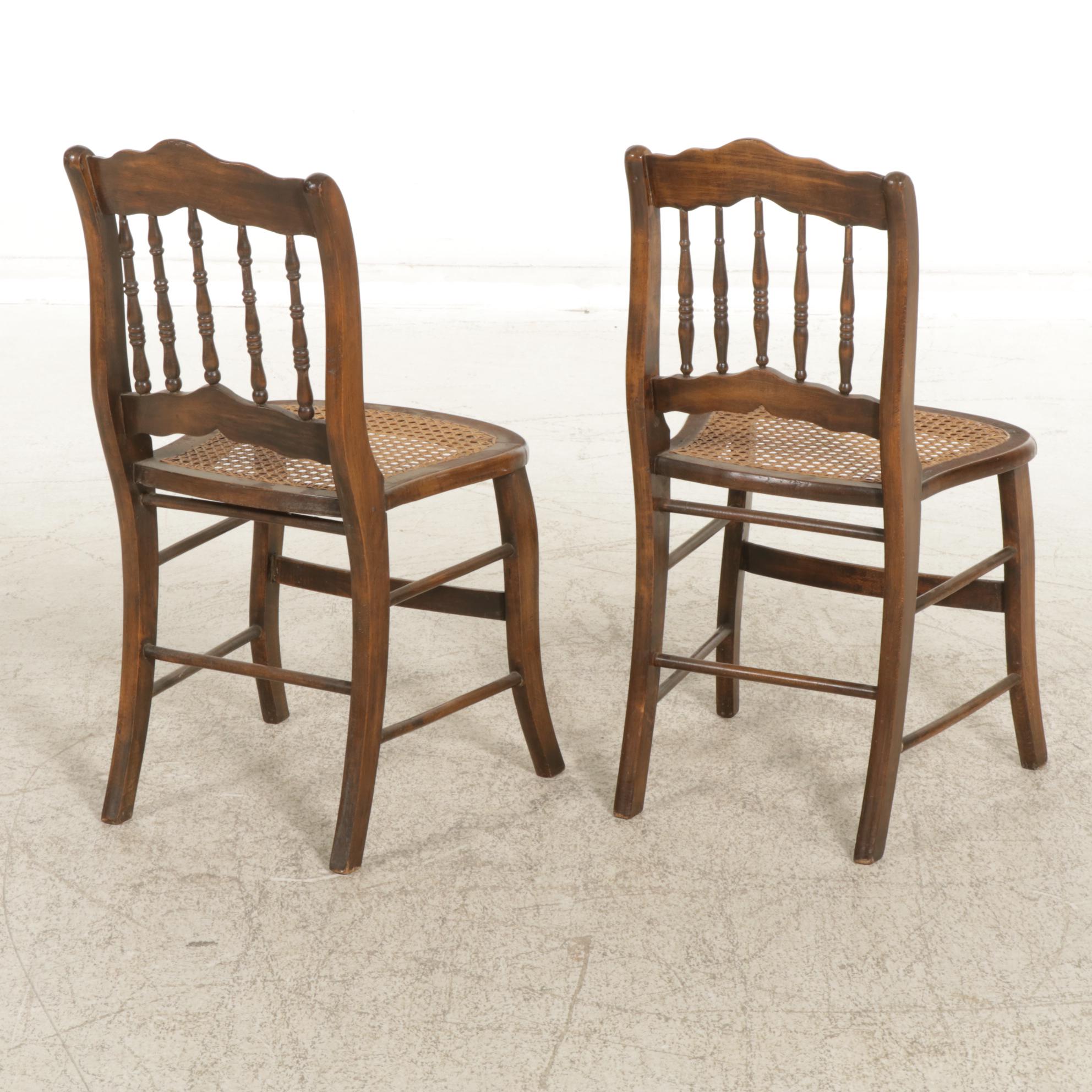 Victorian Walnut Spindle-Back Side Chairs with Woven Cane Seats