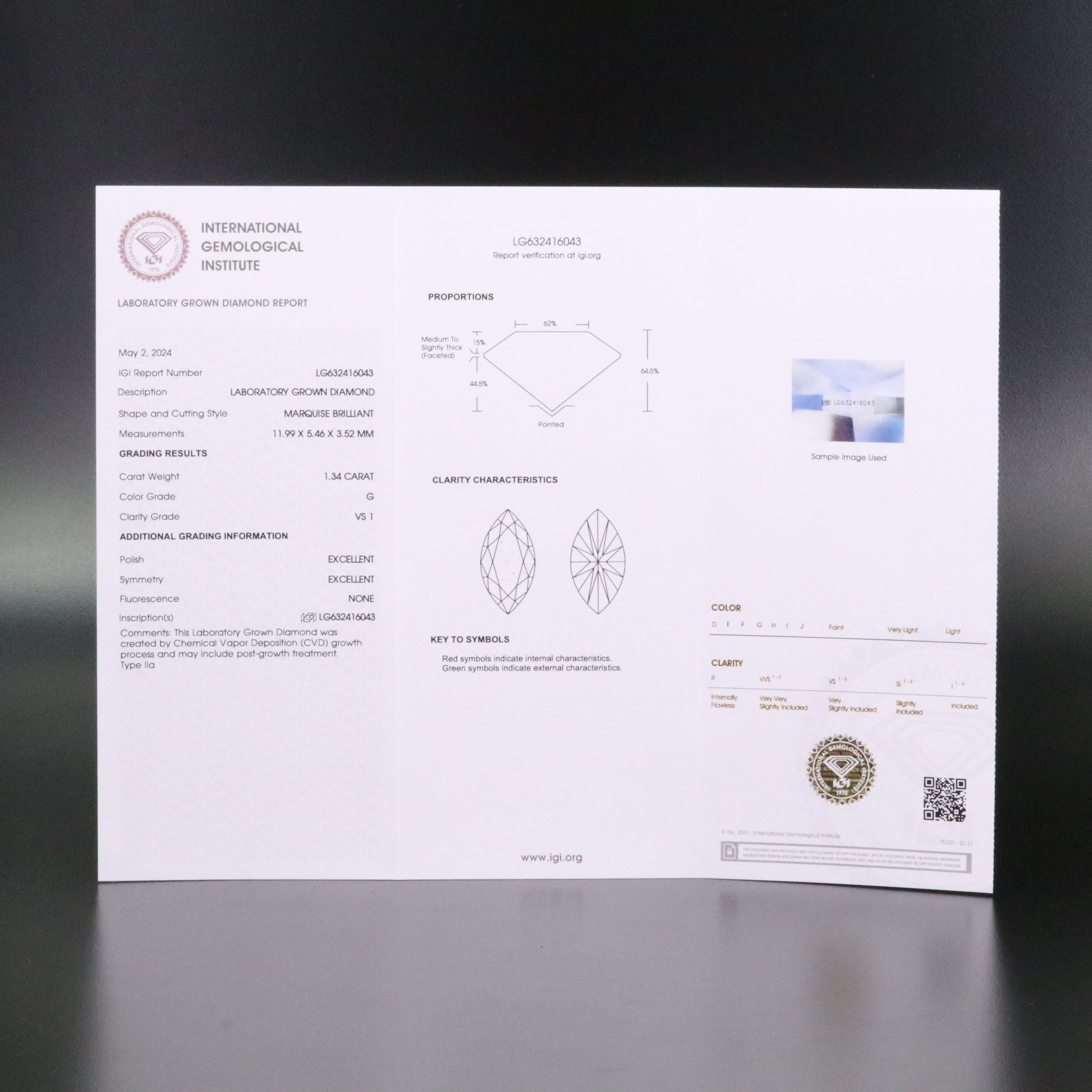 Loose 1.34 CT Lab Grown Diamond with IGI Report