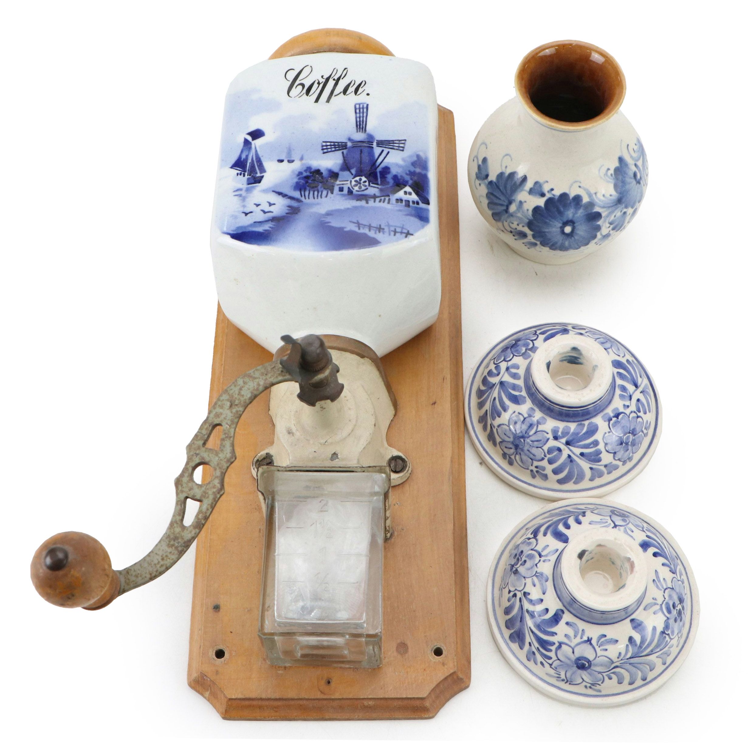 De Delftse Pauw Candlesticks with Other Wall Mounted Coffee Grinder and Vase