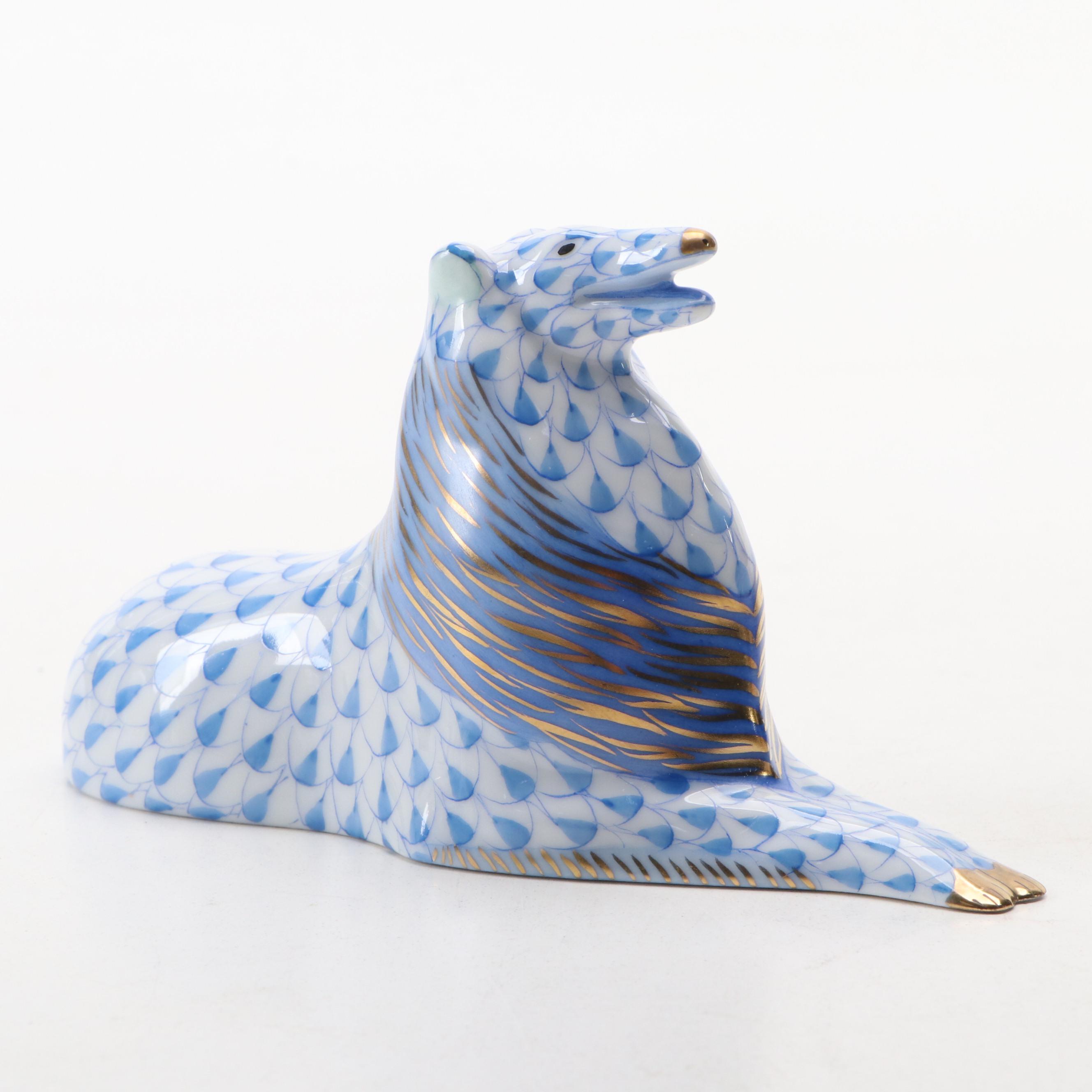 Herend Porcelain Blue Fishnet Gilt Accented Collie Figurine, 1994