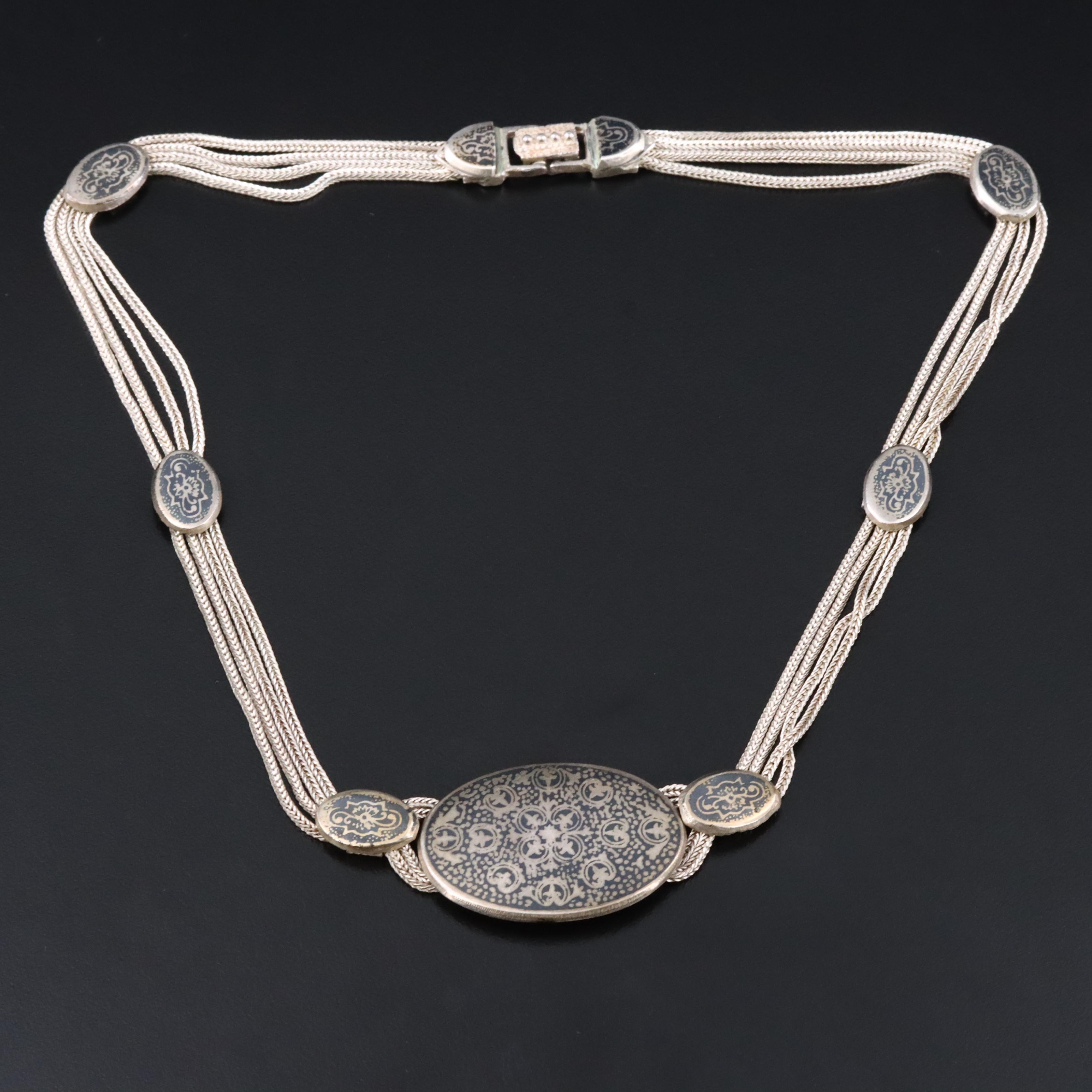Turkish Sterling Niello Floral Necklace