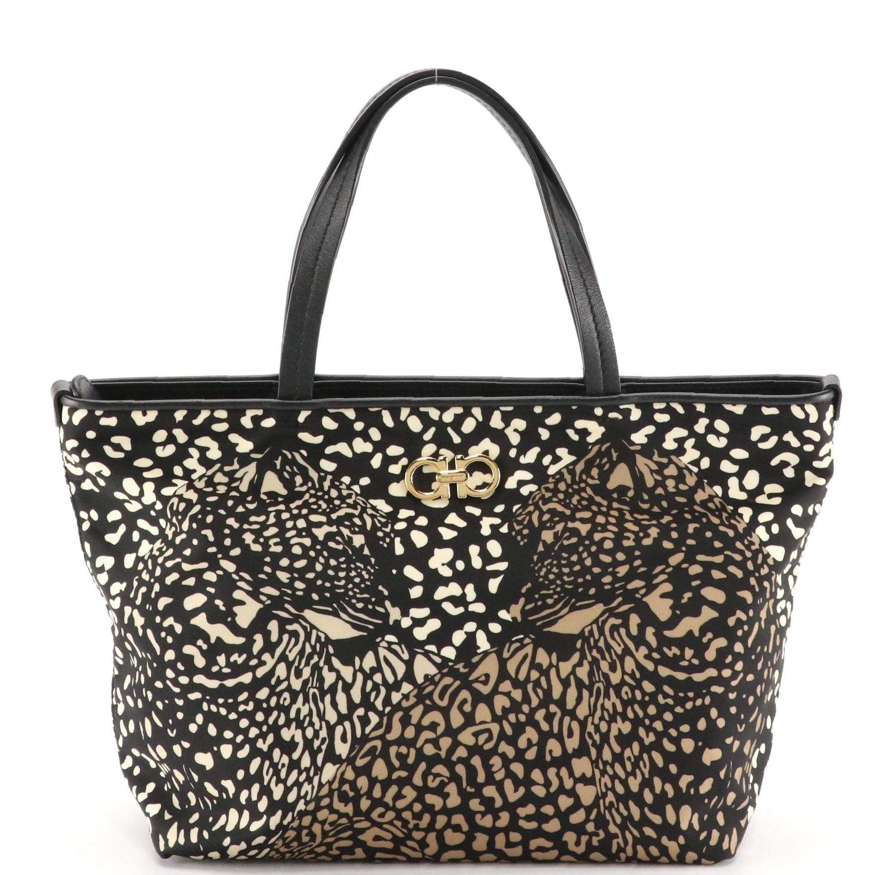 Salvatore Ferragamo Leopard Printed Nylon Tote Bag with Leather Trim