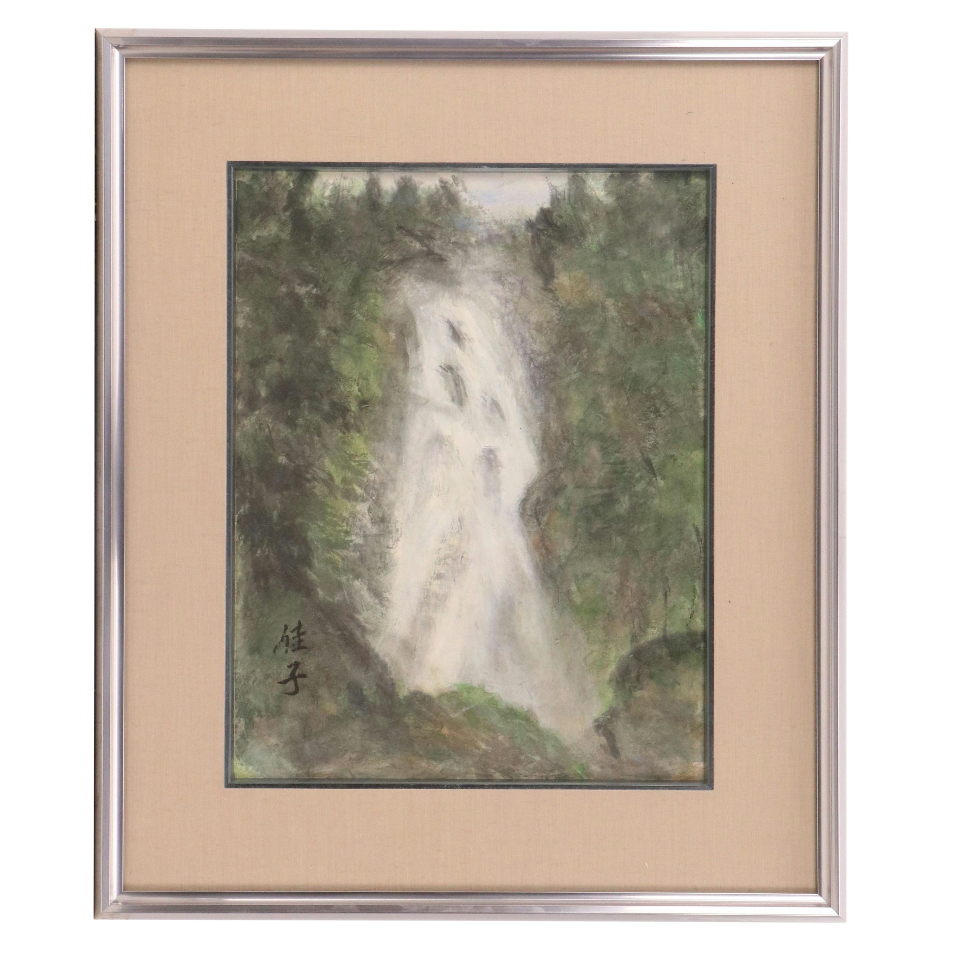 Japanese Watercolor Painting of Landscape with Waterfall