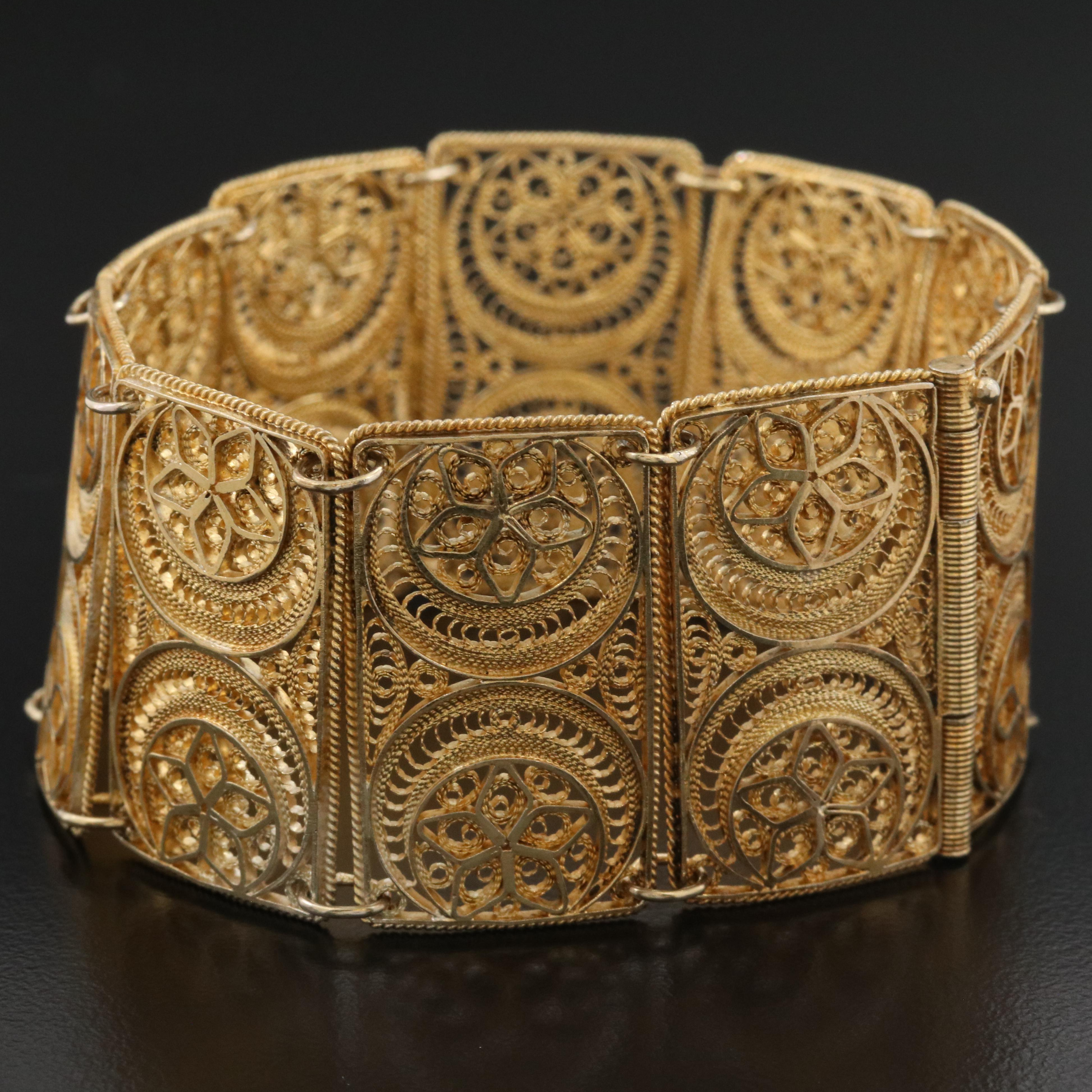 900 Silver Filigree Crescent and Floral Bracelet