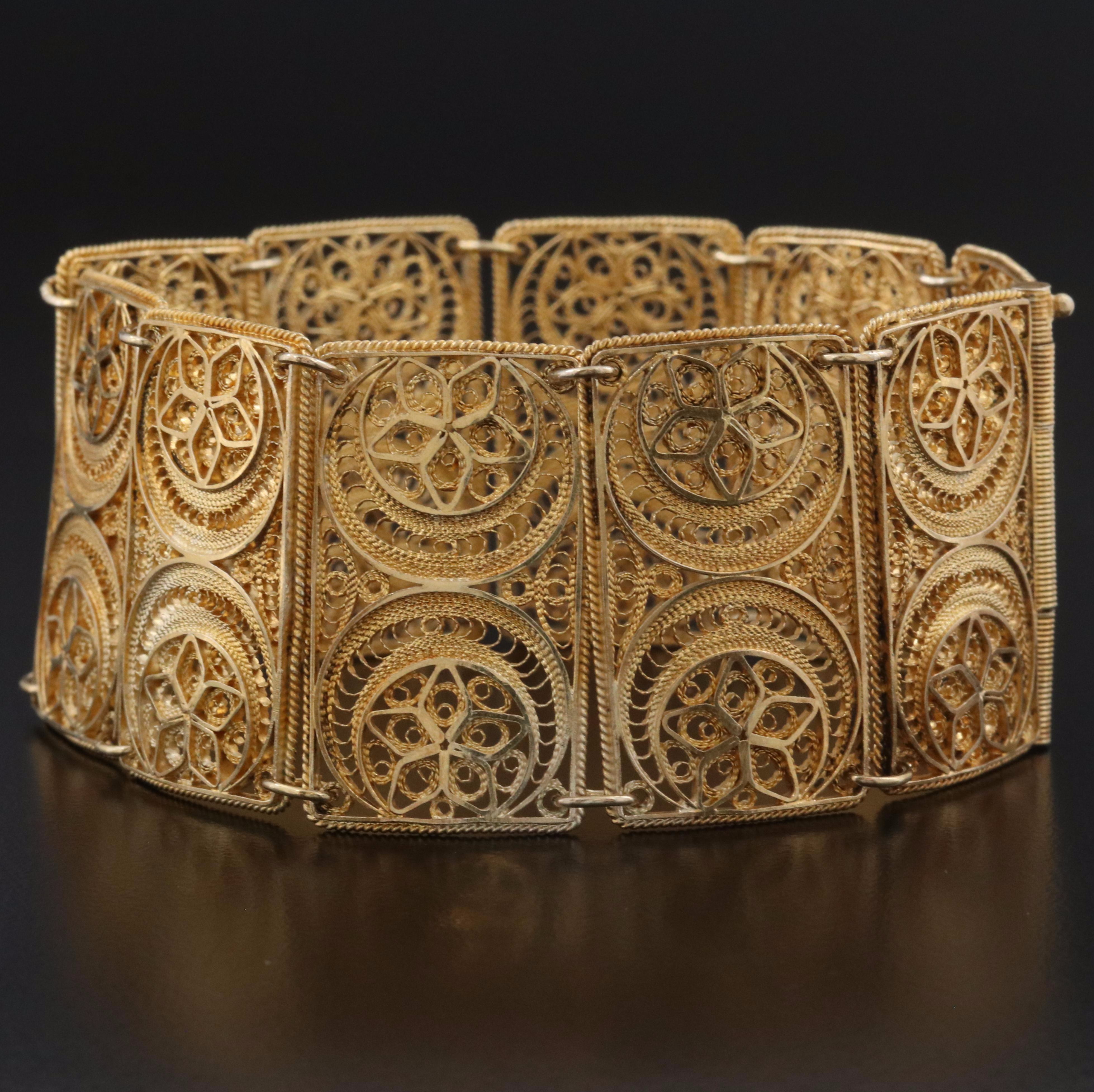 900 Silver Filigree Crescent and Floral Bracelet