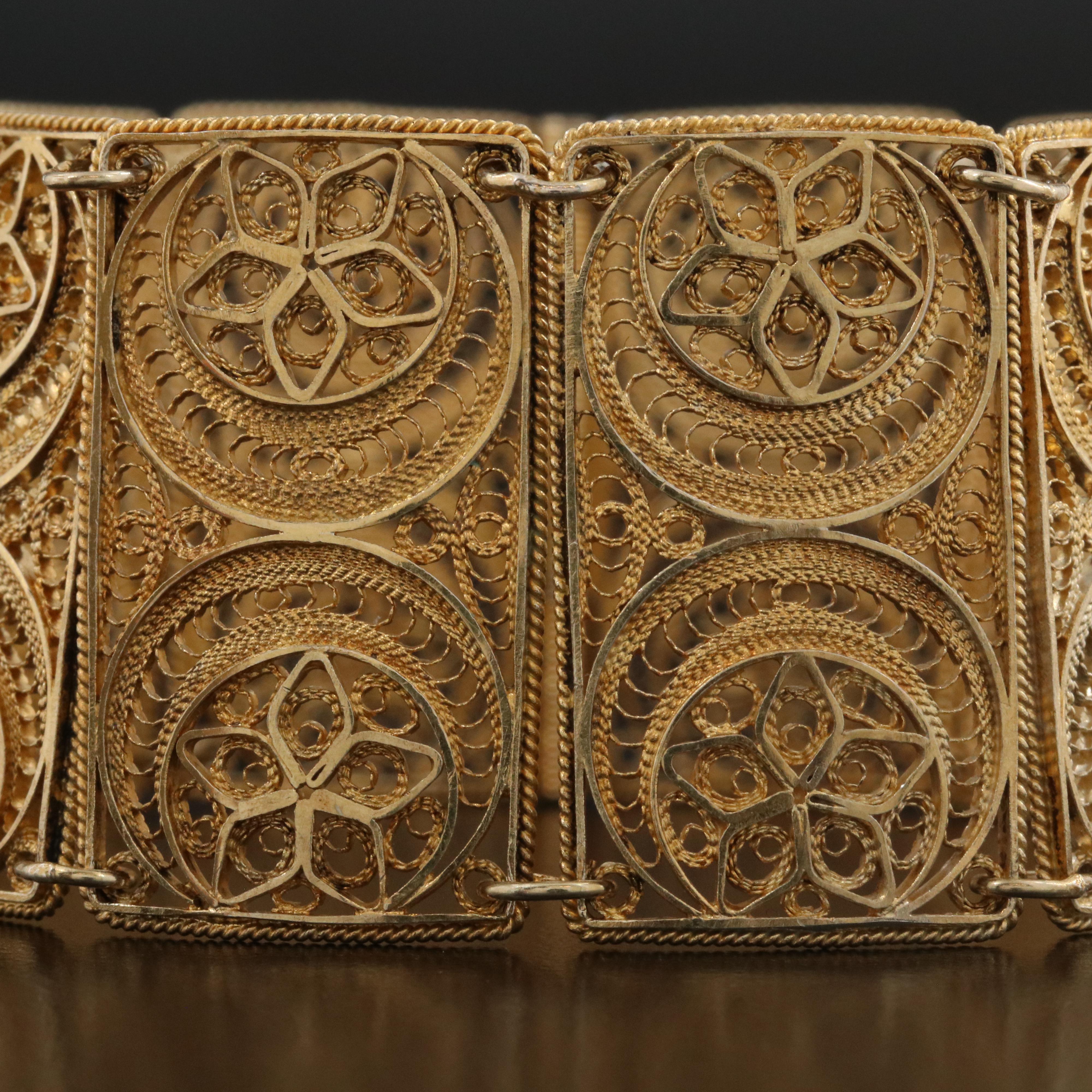 900 Silver Filigree Crescent and Floral Bracelet