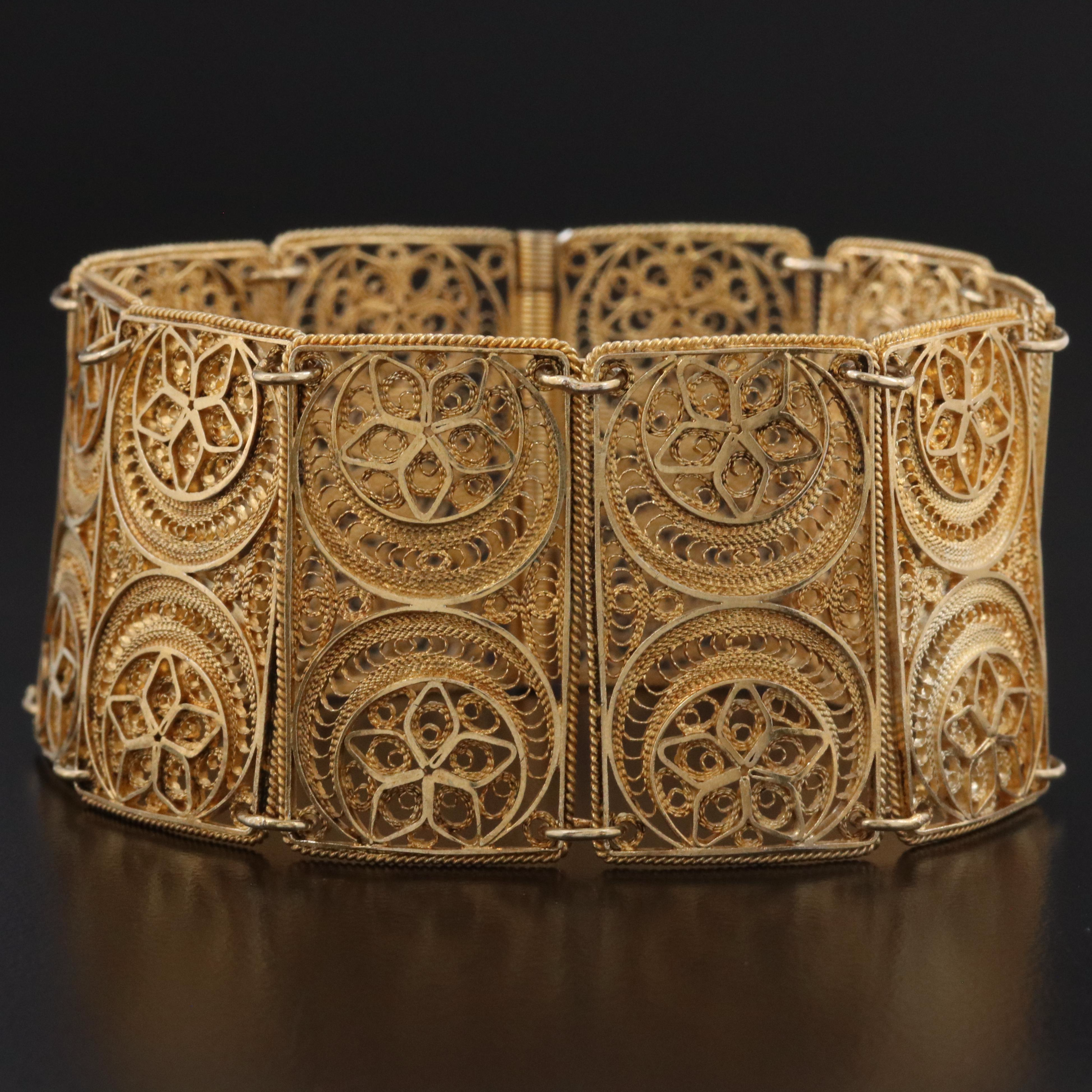 900 Silver Filigree Crescent and Floral Bracelet