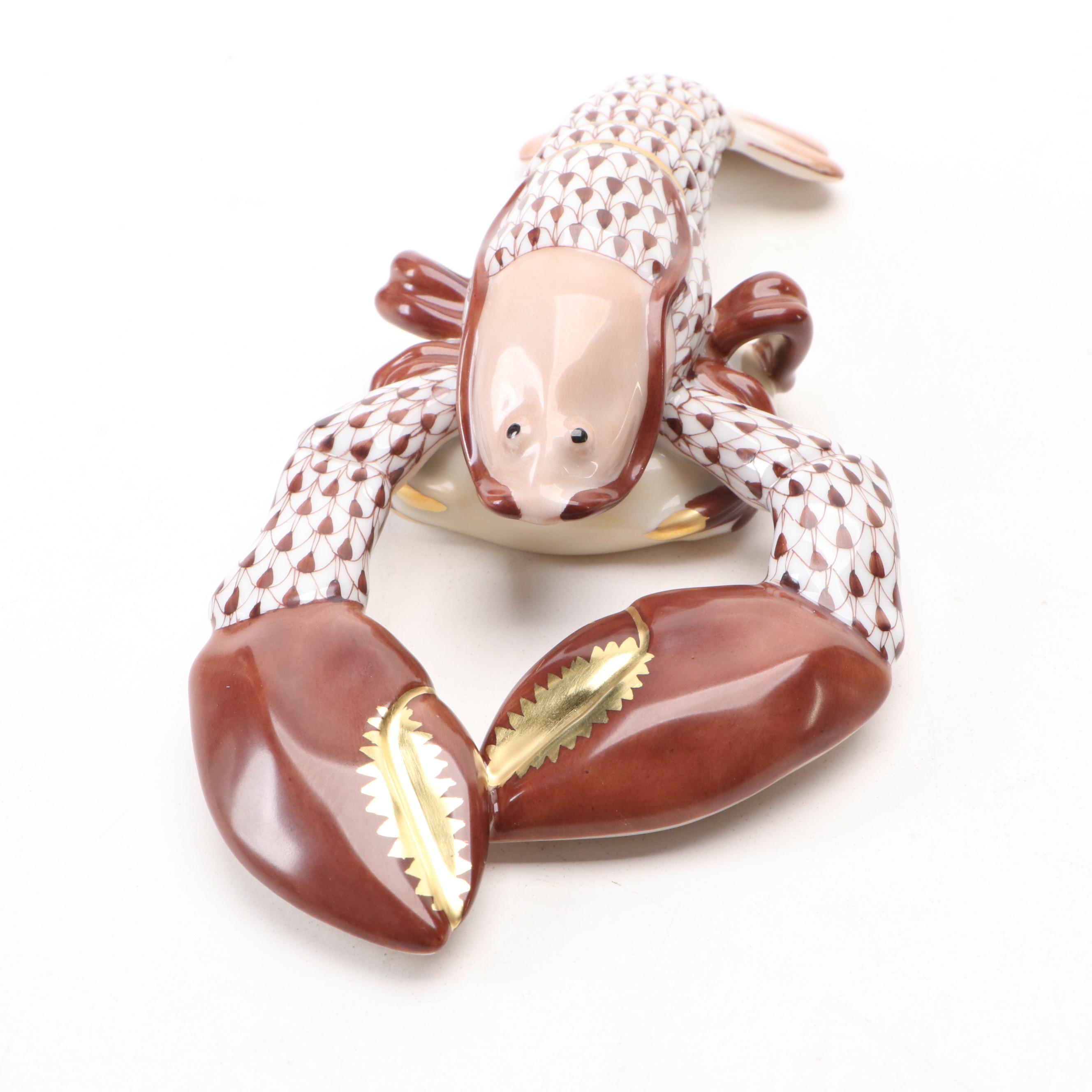 Herend Porcelain Brown Fishnet and Gilt Accented Lobster Figurine
