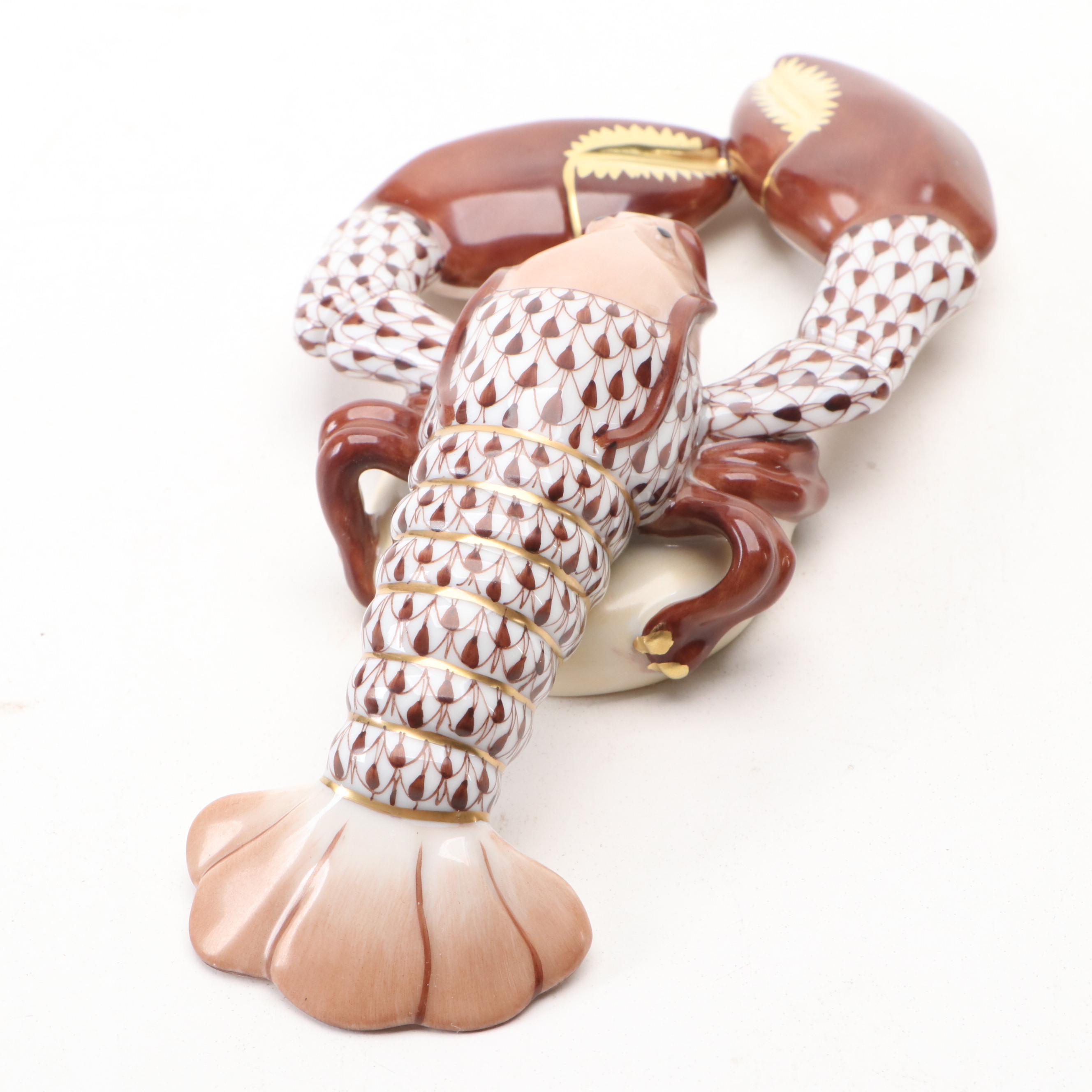 Herend Porcelain Brown Fishnet and Gilt Accented Lobster Figurine