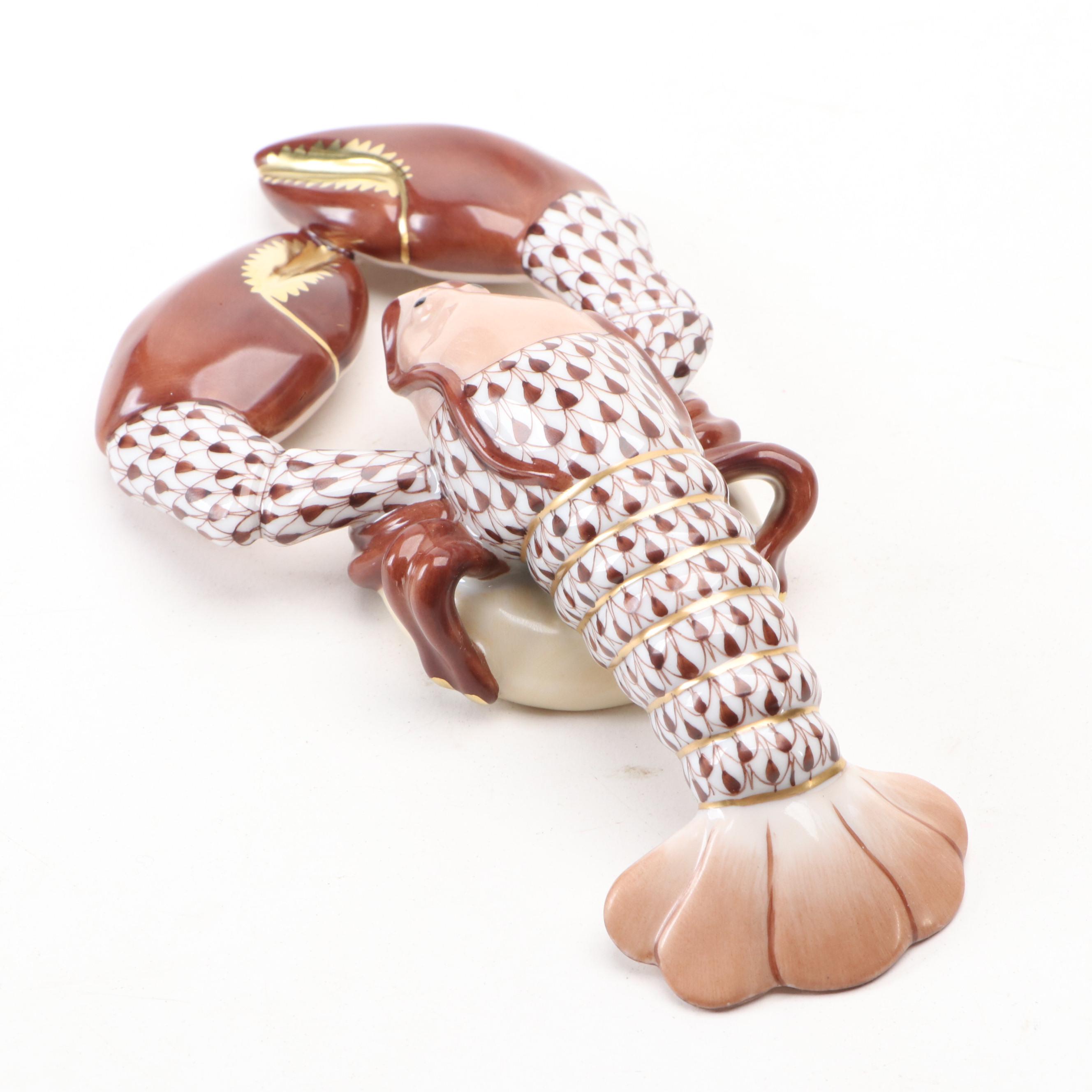 Herend Porcelain Brown Fishnet and Gilt Accented Lobster Figurine