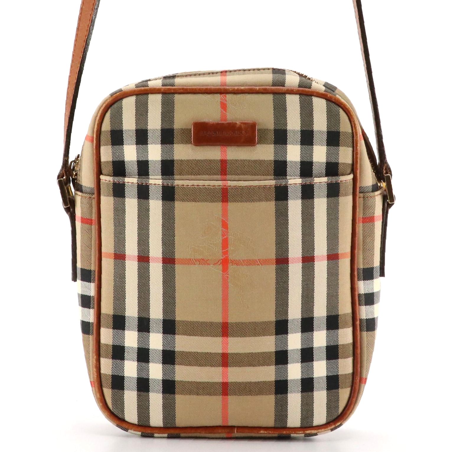 Burberry Crossbody Bag in Haymarket Check Canvas and Brown Leather Trim