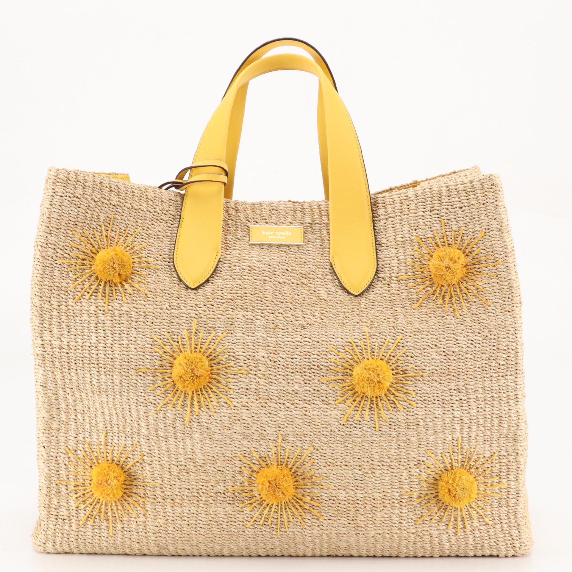 Kate Spade "Manhattan Sun" Large Raffia Straw Tote with Calfskin Leather Trim
