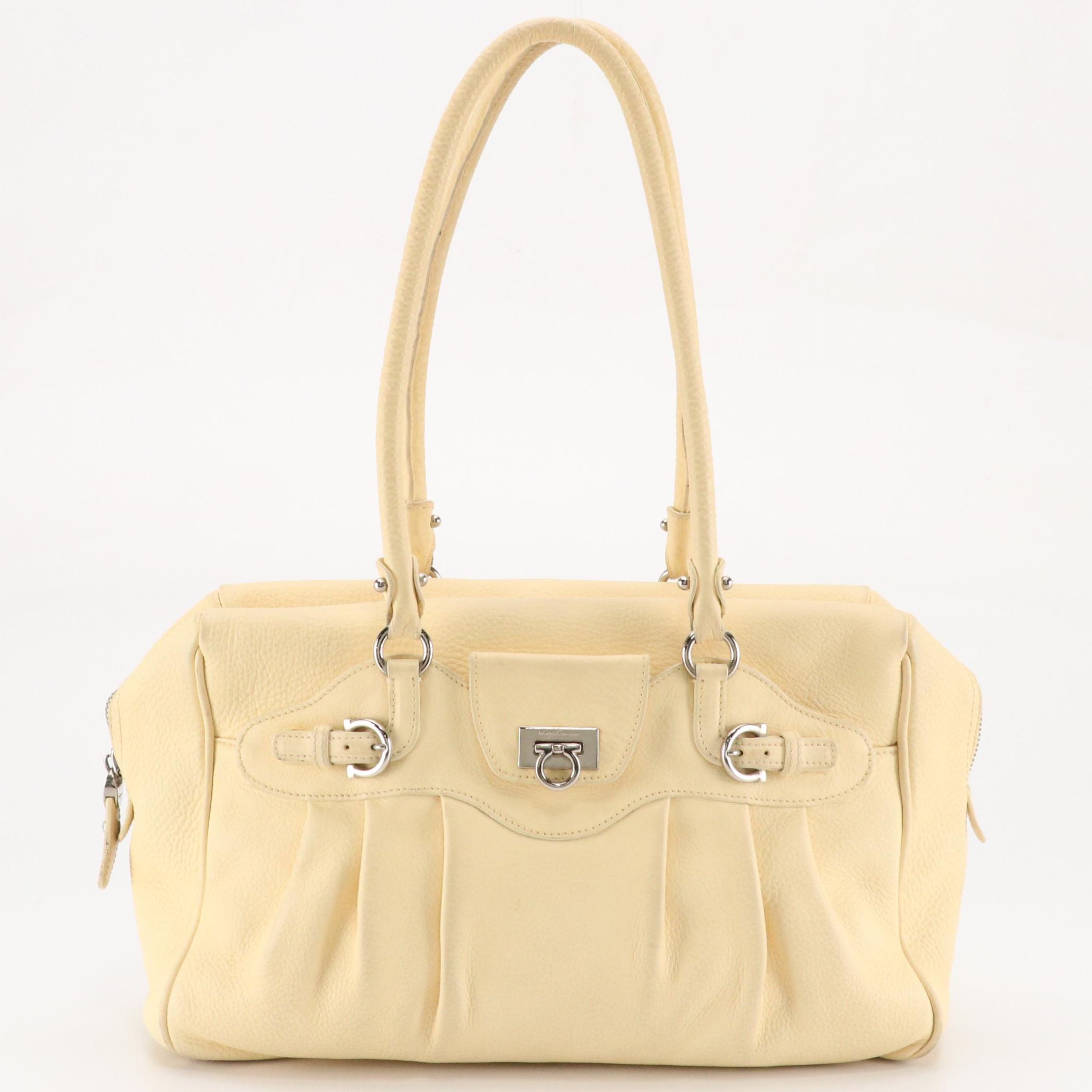 Salvatore Ferragamo Gancini Accented Pleated Shoulder Bag in Neutral Leather