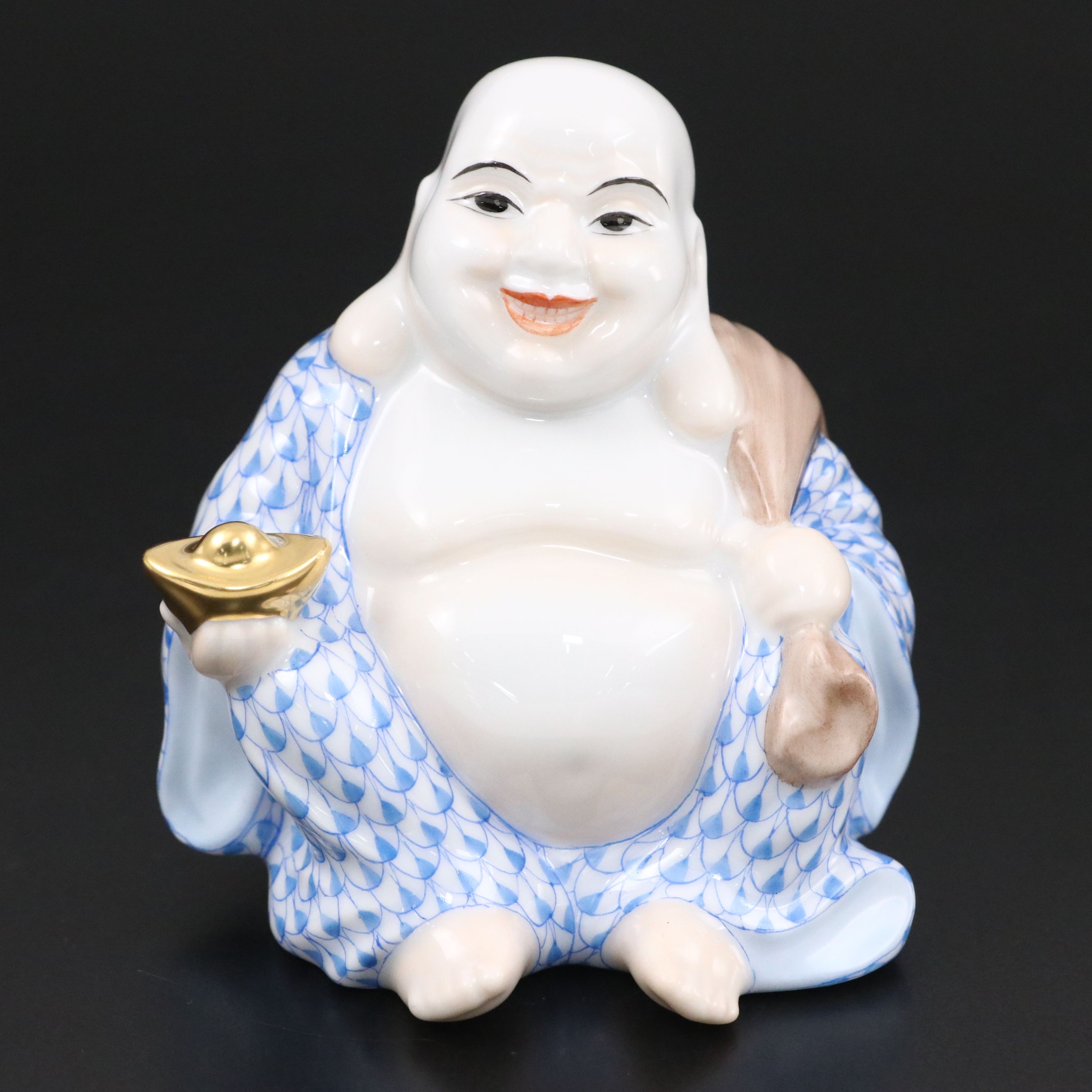 Herend Blue Fishnet with Gold "Laughing Buddha" Porcelain Figurine