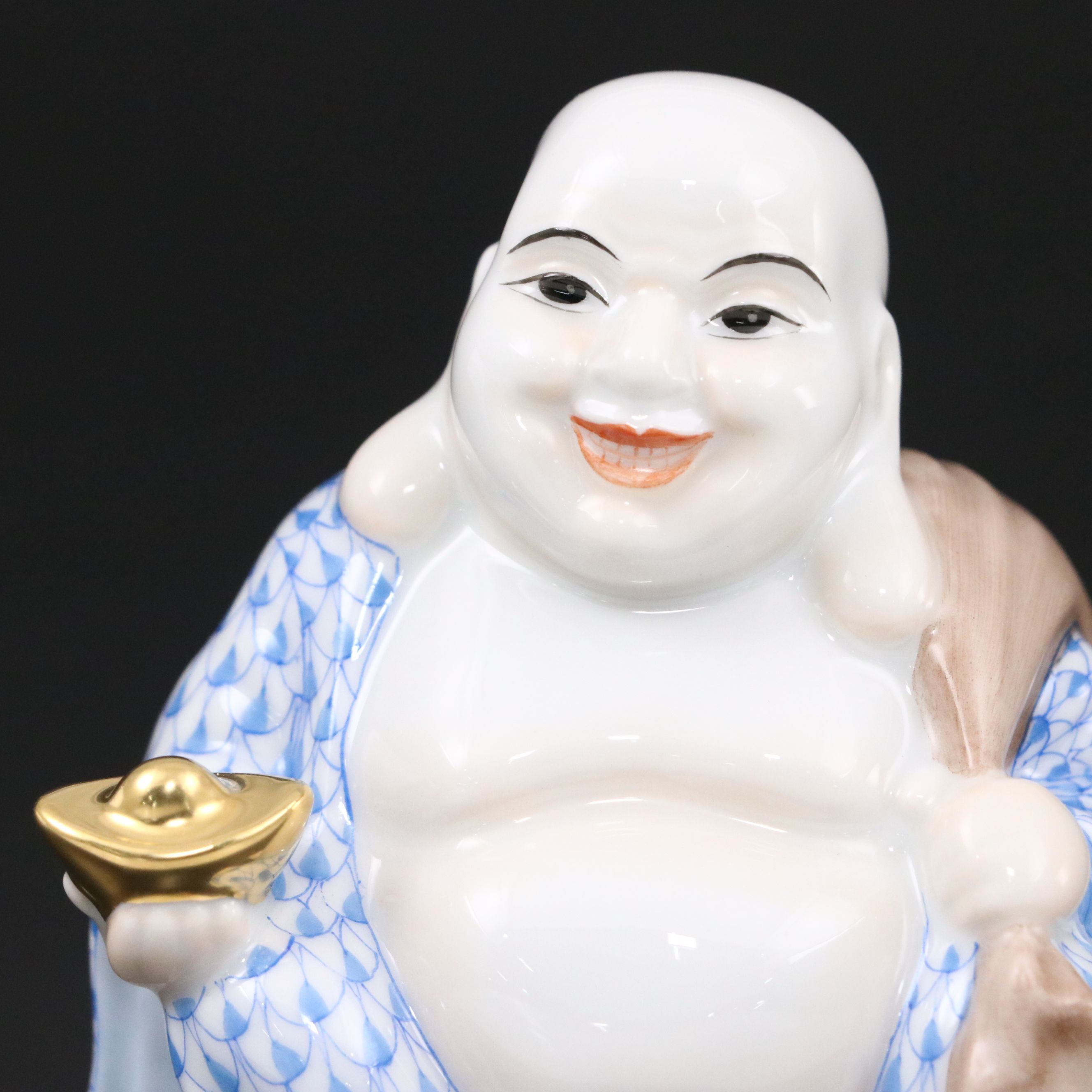 Herend Blue Fishnet with Gold "Laughing Buddha" Porcelain Figurine